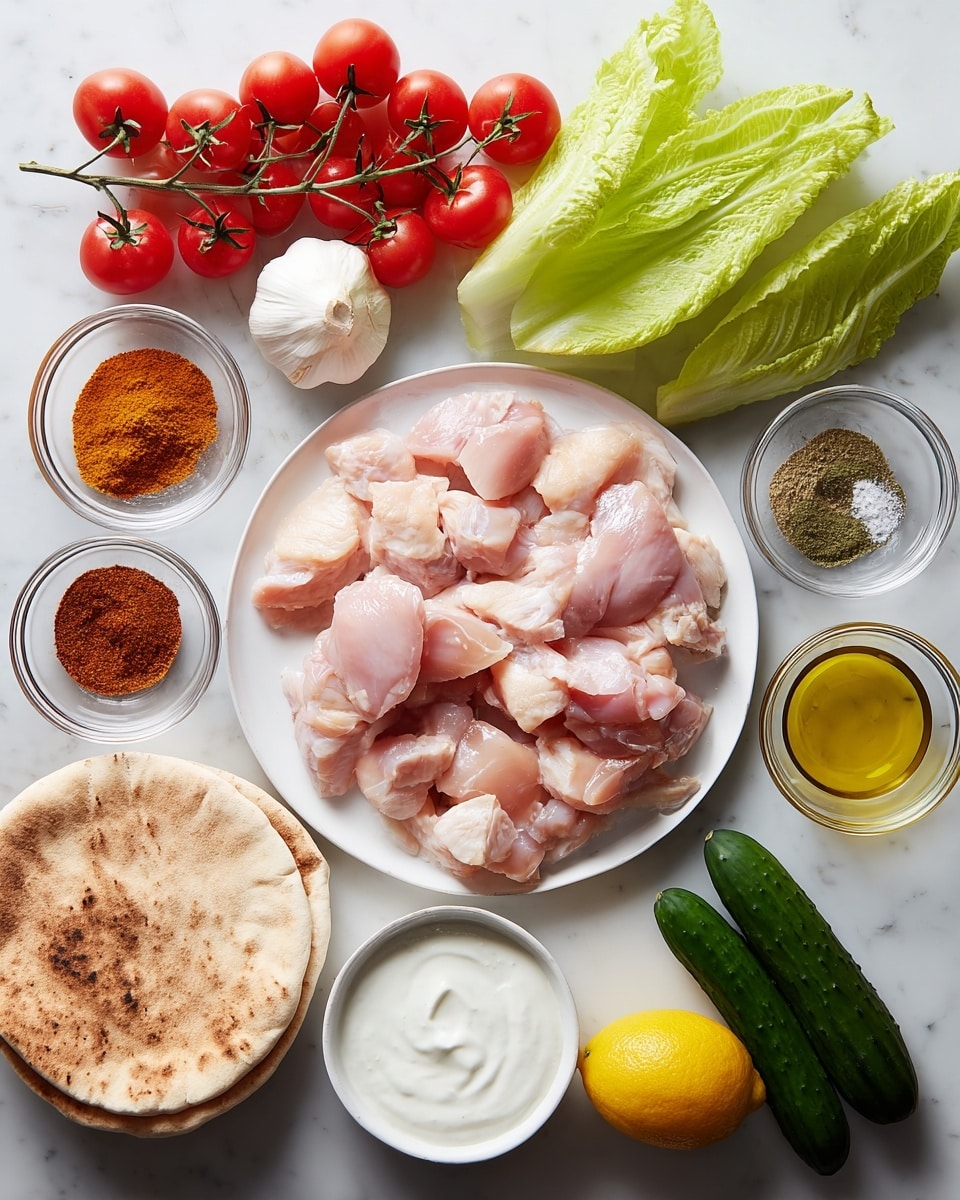 This image shows raw chicken pieces spread evenly on a white round plate located near the center. Around the plate, there are several small clear glass bowls filled with different spices that are brown, orange, red, and white in color arranged neatly. To the left bottom corner, there are two round pita breads stacked slightly overlapping each other. Near the pita breads, there are two green cucumbers placed side by side. Above the cucumbers, three long green romaine lettuce leaves lie lying close together. On the top left, a bunch of bright red cherry tomatoes with green stems is placed next to a few white garlic cloves and a small clear glass container with olive oil. To the right of the chicken plate is a yellow lemon and a white onion placed close to the bowls of spices and a small bowl of white creamy yogurt. All items are set on a clean white marbled surface photo taken with an iphone --ar 4:5 --v 7