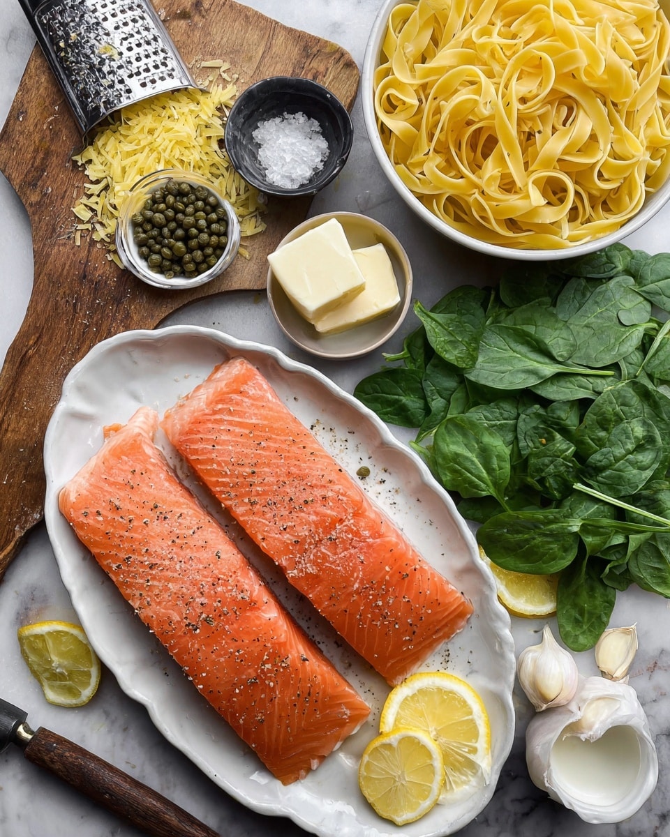 The image shows raw salmon fillets placed on a white oval plate with a knife on the right side; the salmon is orange with a sprinkle of black pepper and salt, and lemon slices are layered on the bottom right corner of the plate. To the left, there is a white bowl filled with cooked yellow pasta, smooth and shiny. Fresh dark green spinach leaves scatter in the middle area of the image, creating a fresh, leafy layer. Around these main elements, there are small bowls containing salt, pepper, capers, and two slices of pale yellow butter on a white speckled small dish. A glass jug of cream and a whole garlic bulb with three loose cloves sit on the right bottom corner. At the top left, a metal grater with a wooden handle rests, with yellow lemon zest next to it. The surface is a white marbled texture photo taken with an iphone --ar 4:5 --v 7