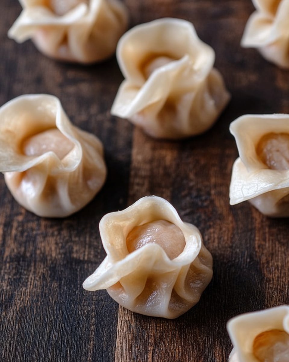 The image shows several small dumplings arranged on a dark wooden surface, each dumpling having a pale, translucent wrapper folded around a light beige filling. The dumplings have a slightly glossy and smooth texture, with the wrapper edges curved and pinched at the top, creating a round, flower-like shape. The photo is focused on the dumplings, showing their soft, doughy layers and the slight transparency of the wrapper. photo taken with an iphone --ar 4:5 --v 7