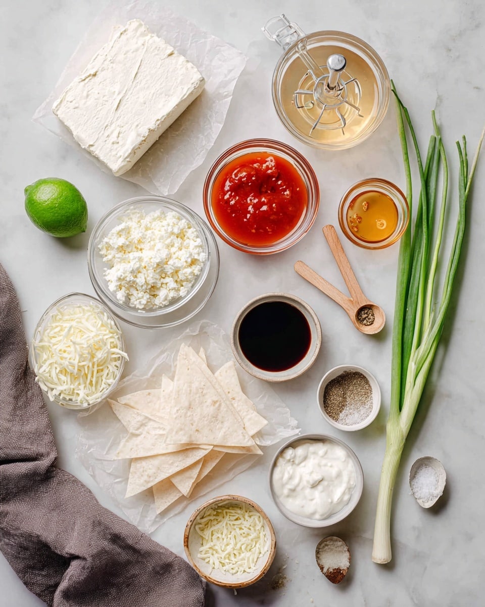 The image shows an overhead view of several ingredients neatly arranged on a white marbled surface. There is a block of cream cheese on the left side, a whole green lime above it, and a small glass bowl of bright red sauce near the top center. Below the lime, a small bowl contains white crumbled cheese, and next to it is a clear bowl filled with a light golden liquid with a glass citrus juicer placed on top. To the right, there are two fresh green onions lying diagonally, near a small bowl of red chili sauce. Below the cheese, there are two small bowls with white powder and ground black pepper, and nearby are three small wooden spoons filled with beige seasonings. In the center, there are thin triangle-shaped pieces of a light dough stacked on parchment paper. The lower row contains three small bowls of white creamy substances, a small glass bowl of dark soy-like sauce, and a bowl filled with shredded cheese. A folded gray cloth is partially visible at the bottom left. Photo taken with an iphone --ar 4:5 --v 7
