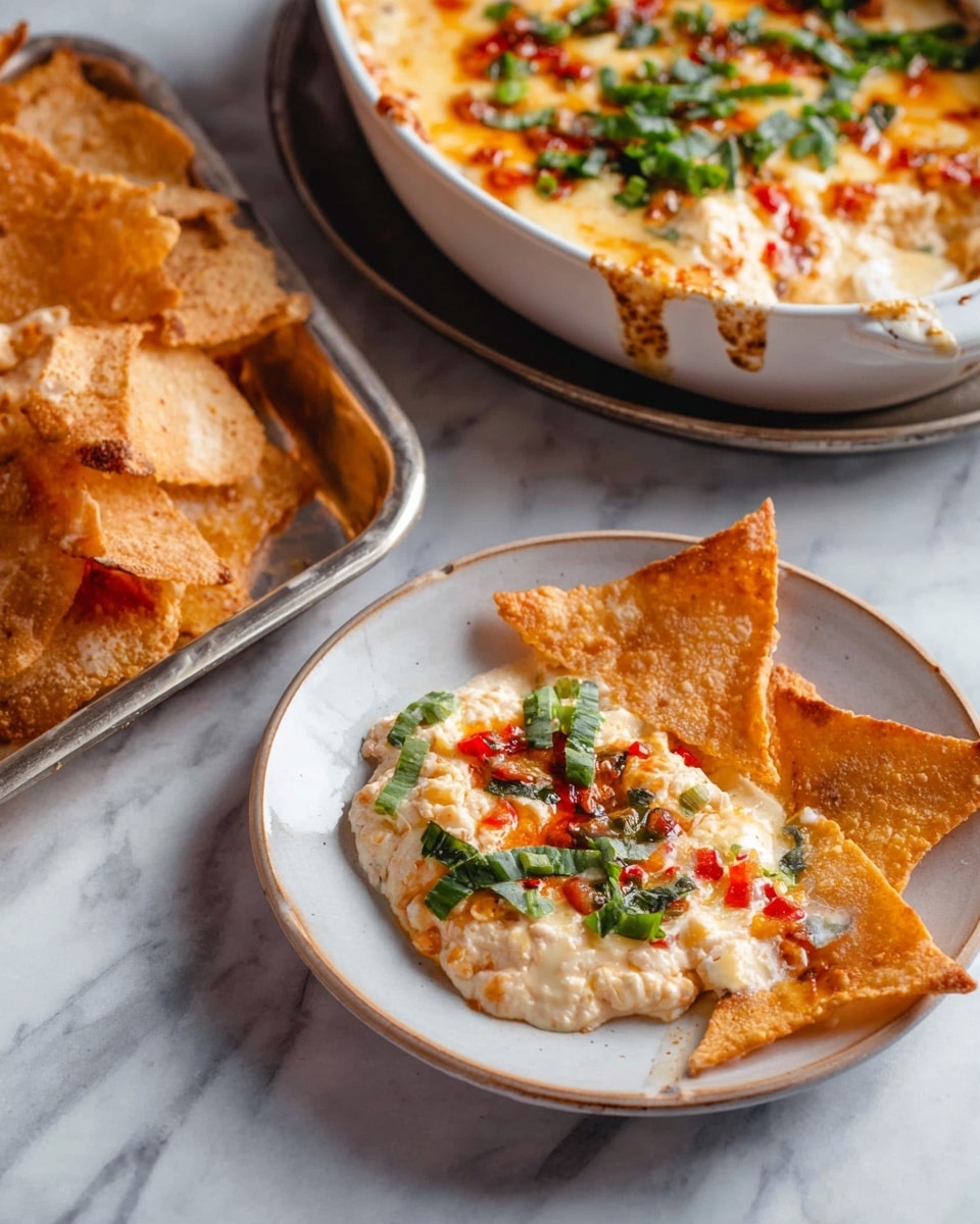 A serving of warm, creamy dip with a pale off-white base mixed with soft, melted cheese layers, small bits of red pepper, and green herb pieces scattered on top, sits on a small white plate. Nestled next to the dip are several golden brown, crispy triangular chips with a rough texture. In the background, a white ceramic dish is filled with the same cheesy dip, melted and bubbling slightly, garnished with fresh green herbs. A silver tray holds more crispy chips, all set on a white marbled surface. photo taken with an iphone --ar 4:5 --v 7