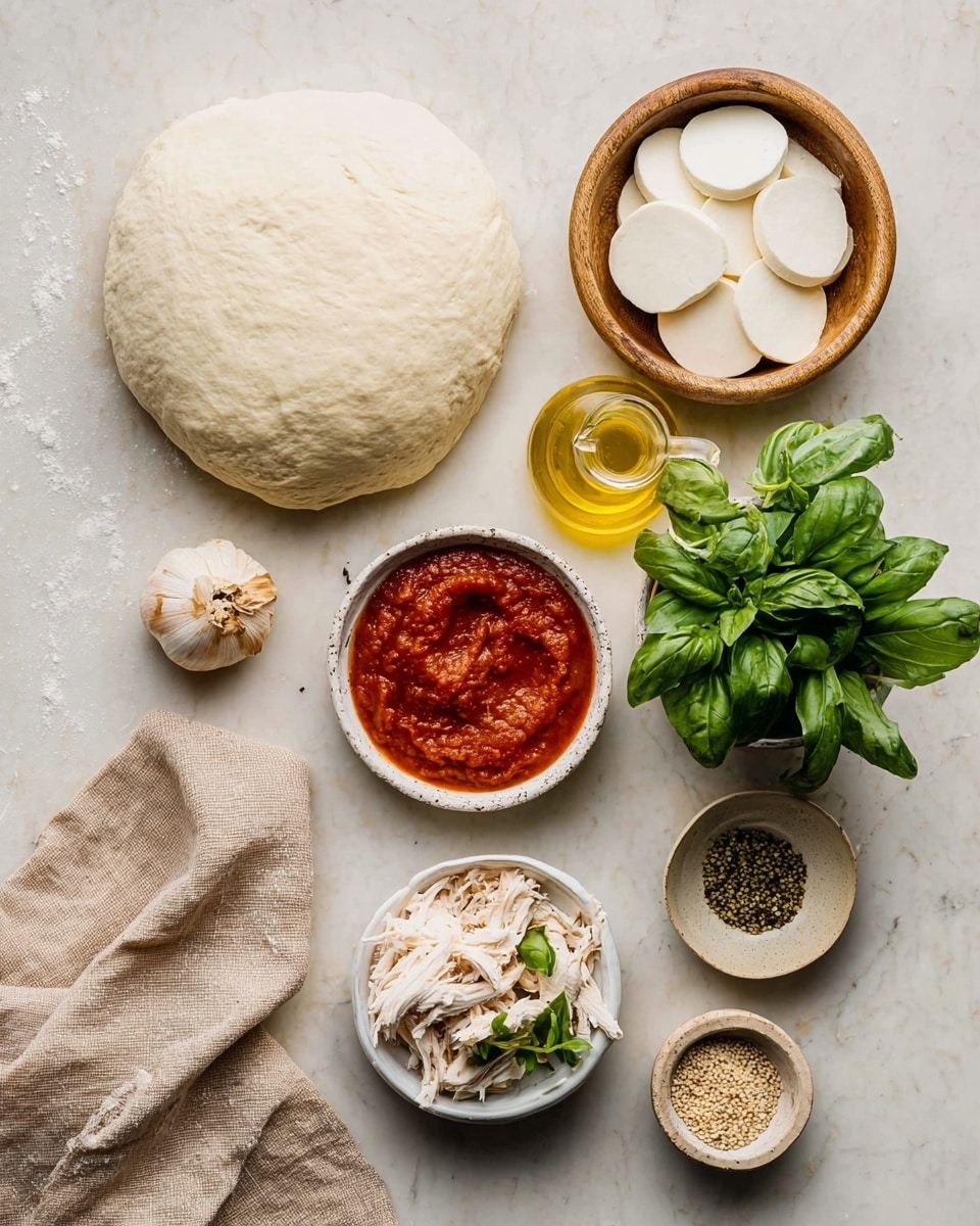 The image shows pizza ingredients placed on a white marbled surface. There is one large round ball of pizza dough with a smooth and slightly shiny texture at the upper left. To the upper right, there is a wooden bowl filled with white round slices of mozzarella cheese, and next to it is a bunch of fresh bright green basil leaves. Above the mozzarella is a glass bottle of golden olive oil with a clear handle. In the bottom left corner is a beige cloth napkin. Near the center, there is a small bowl with shredded white cooked chicken. To the right of the chicken is a white bowl with thick red tomato sauce topped with small green leaves. Near the bottom right, there is a small bowl containing a mix of white, black, and beige seeds or spices. A small beige bowl with a roasted garlic bulb is placed above the chicken. Photo taken with an iphone --ar 4:5 --v 7