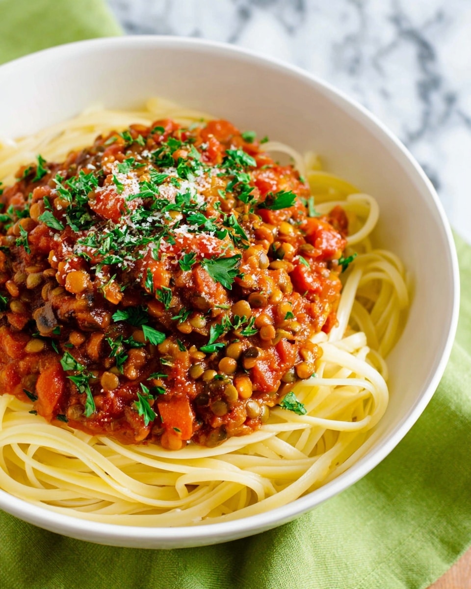 A white bowl holds a dish with two main layers: a base layer of pale yellow spaghetti noodles twisted in a circular mound, and a thick layer of chunky red lentil and tomato sauce with visible lentils, small bits of mushrooms, and diced tomatoes sitting on top. The sauce is sprinkled lightly with grated cheese and finely chopped green parsley, adding a fresh touch of color. The bowl rests on a green cloth with a white marbled surface underneath. photo taken with an iphone --ar 4:5 --v 7