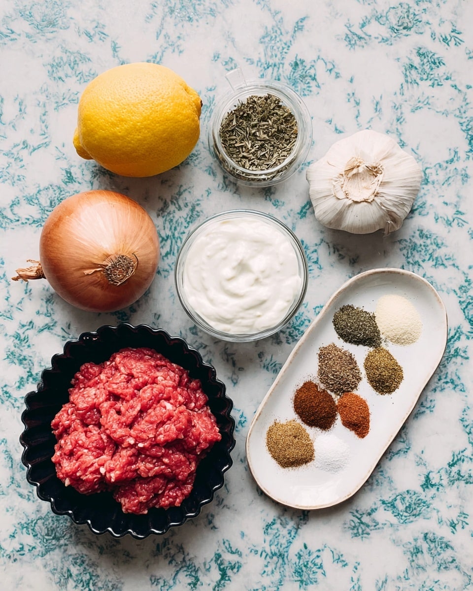 The image shows ingredients arranged on a white marbled surface with a light blue pattern, including a single whole yellow lemon at the top center, a whole brown onion on the left, a small glass container with dried herbs below the onion, and a white bowl filled with thick white yogurt at the bottom left. In the center is a black fluted bowl filled with raw bright red ground meat, and to the right is a white garlic bulb with one separated clove next to it. At the top right, there is an oval white plate with six different spices arranged in horizontal stripes, showing colors from white salt, light brown, green dried herbs, dark brown, reddish-brown, and black pepper. Photo taken with an iphone --ar 4:5 --v 7