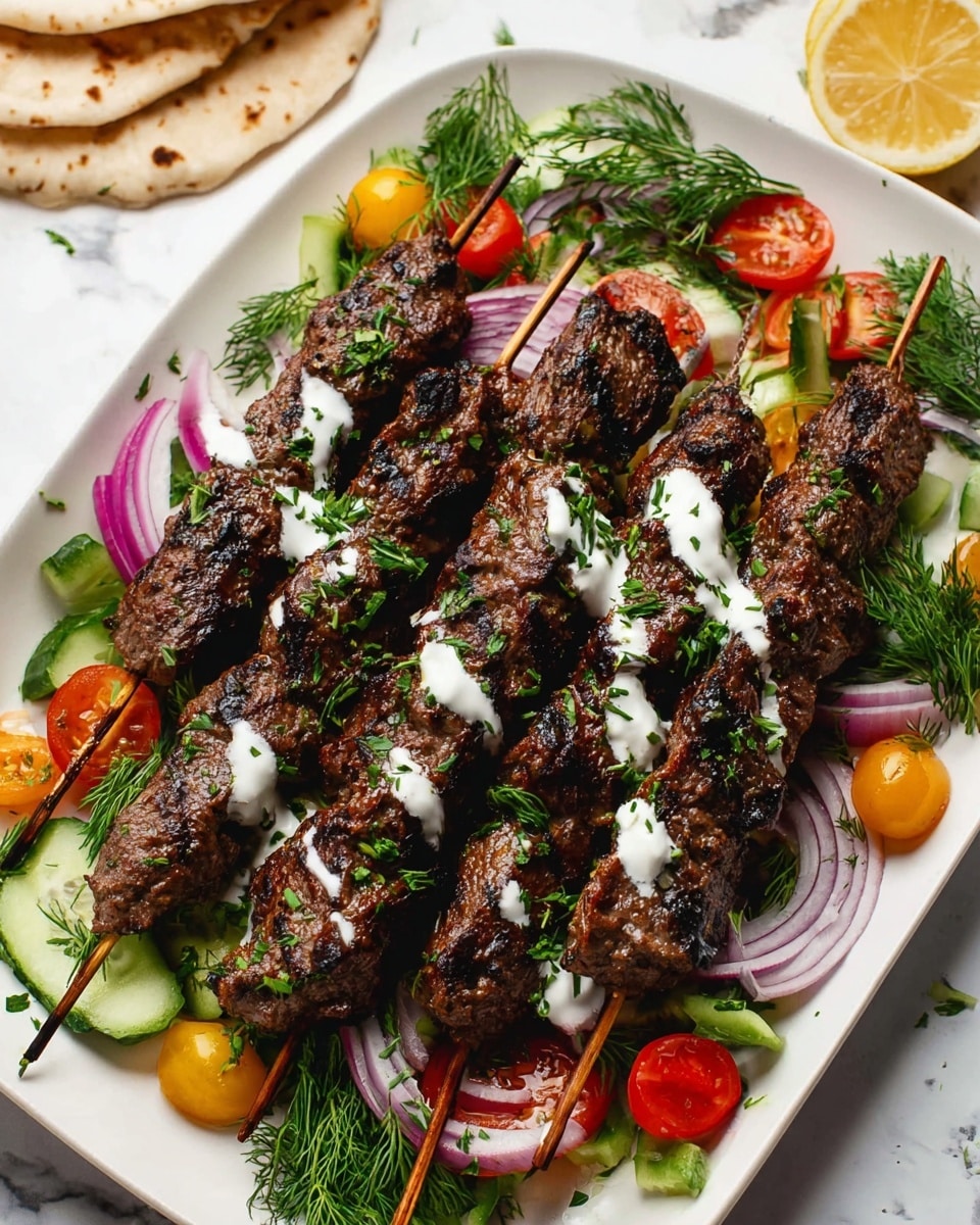The image shows eight grilled meat skewers placed on a white rectangular plate. Each skewer has a dark brown charred surface with visible grill marks and chopped green herbs sprinkled on top. The skewers rest on a bed of fresh vegetables including sliced cucumbers, red onion rings, halved cherry tomatoes in red and yellow, and green herbs like parsley and dill. There are drizzles of white sauce over some skewers. In the background, there is a halved lemon and light-colored flatbreads partially visible on a white marbled surface. photo taken with an iphone --ar 4:5 --v 7