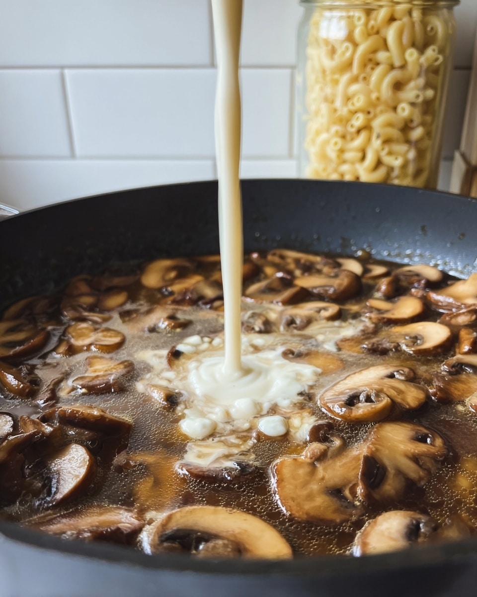 A close-up view of a black pan filled with sliced brown mushrooms simmering in a dark brown broth. A thick cream is being poured into the center from above, creating a swirling pattern as it mixes with the broth. The mushrooms vary in size and some have light brown edges with soft textures. In the blurry background, a clear jar filled with light yellow elbow macaroni rests on a white marbled surface with white tiled walls behind it. photo taken with an iphone --ar 4:5 --v 7