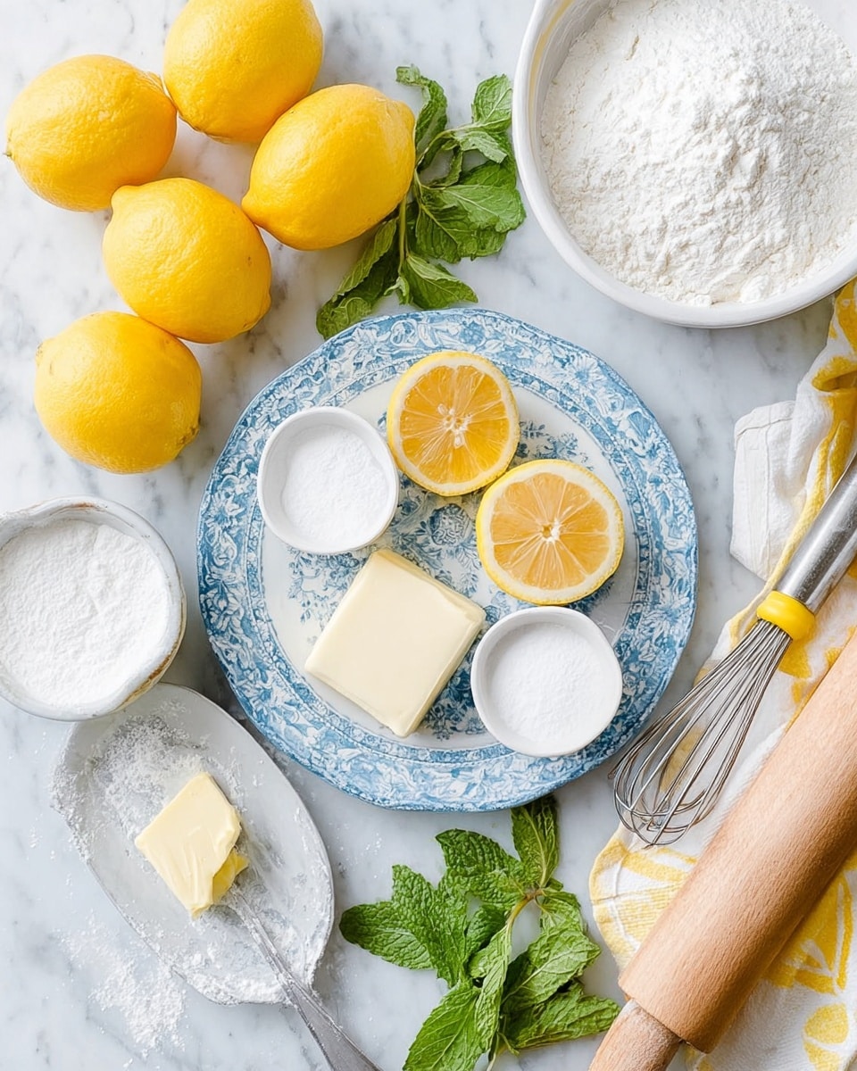 A white plate with a blue pattern holds two lemon halves with bright yellow skin and juicy light yellow flesh on the right side, a yellow stick of butter and a white square block of cream cheese on the bottom left, and two small white bowls with white powdered ingredients near the top center. To the right of the plate, there is a silver fork. Surrounding the plate on a white marbled surface are three whole yellow lemons, one lemon half, a white bowl filled with flour, a wooden rolling pin, fresh green mint leaves, and a glass cup holding kitchen tools including a yellow-handled whisk. A white and yellow patterned cloth is partially visible on the right side. Photo taken with an iphone --ar 4:5 --v 7