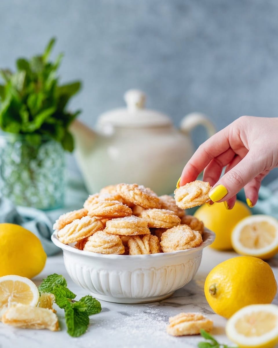 A white bowl filled with many small, golden-brown puff pastry cookies, each with visible flaky layers and sugar crystals on top; in the foreground a woman's hand with yellow nail polish reaching to grab one cookie; around the bowl, two whole yellow lemons, one cut lemon half, a bunch of green mint leaves in a glass, and a white ceramic teapot in the blurry background; all set on a white marbled surface with a soft gray-blue blurred backdrop photo taken with an iphone --ar 4:5 --v 7