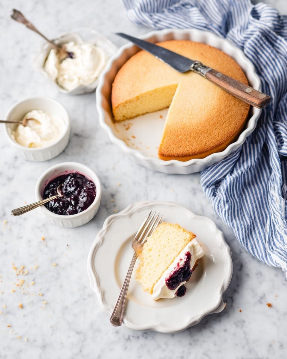 A round golden cake with a light brown top and soft yellow inside sits in a white fluted ceramic dish, with one slice already taken out. A knife with a wooden handle rests on the cake. In front, there are two white plates: one holds a single plain slice of cake, while the other holds a slice topped with dark purple jam and white cream. A fork lies on the plate with the jam and cream. On the white marbled surface, small white bowls contain more cream and jam, each with a small spoon. A blue and white striped cloth is casually placed near the cake dish. Photo taken with an iphone --ar 4:5 --v 7