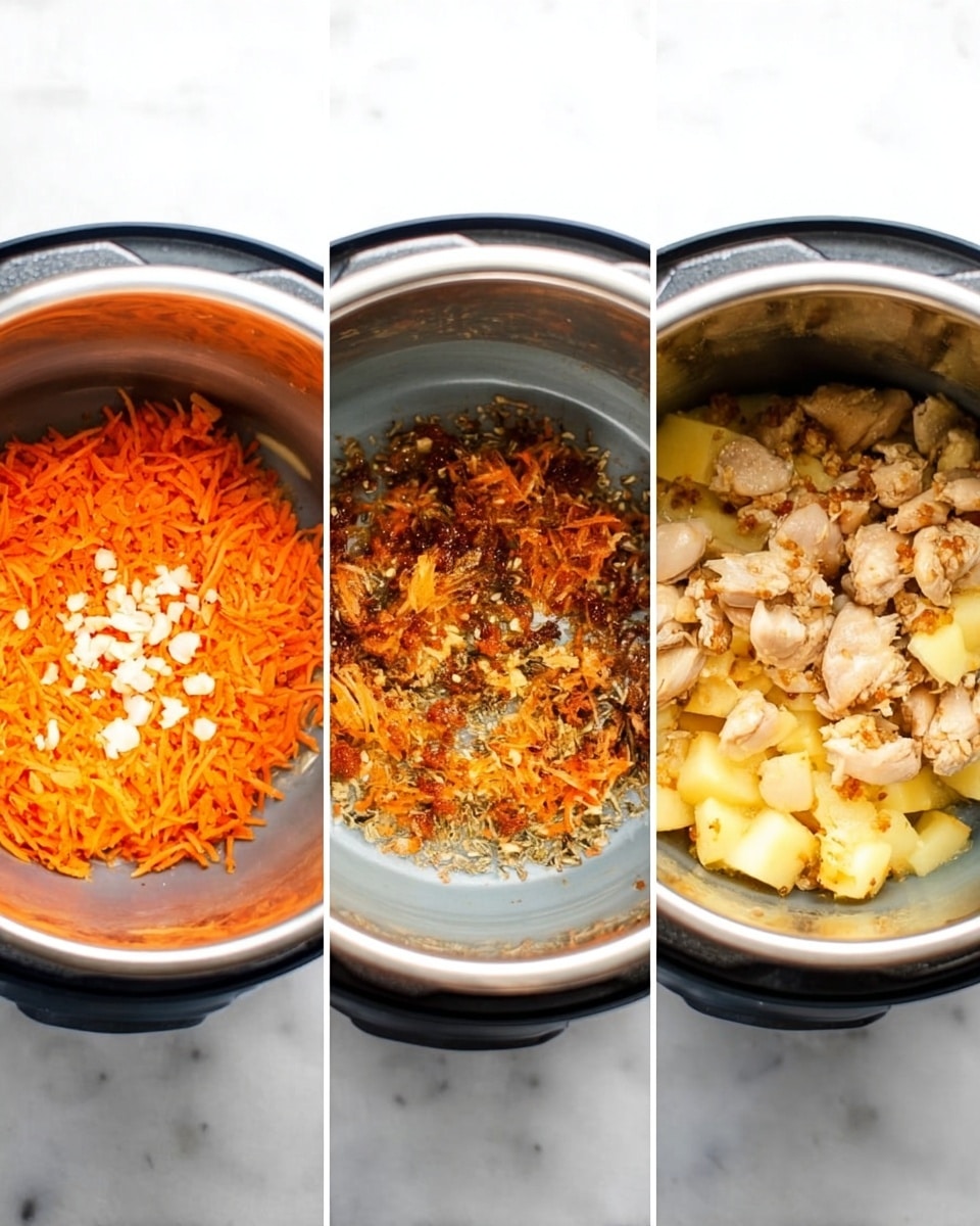 The image shows a metal tray on a white marbled surface holding various raw ingredients arranged in neat groups. At the back center, there is a large clear glass measuring cup filled with amber-colored broth. Surrounding it are whole brown potatoes and a fresh orange carrot placed horizontally on the left side. In front of these, there is an opened can with light brown chunks of meat inside. Fresh green sprigs of dill lay next to a yellow onion and a small glass bottle with a cork stopper containing golden olive oil. On the bottom left corner, a small white dish holds salt and pepper, accompanied by clear glass salt and pepper shakers. To the right, a white bowl contains brown dried bay leaves and black peppercorns. A white cloth is partially draped on the top right side. Photo taken with an iphone --ar 4:5 --v 7