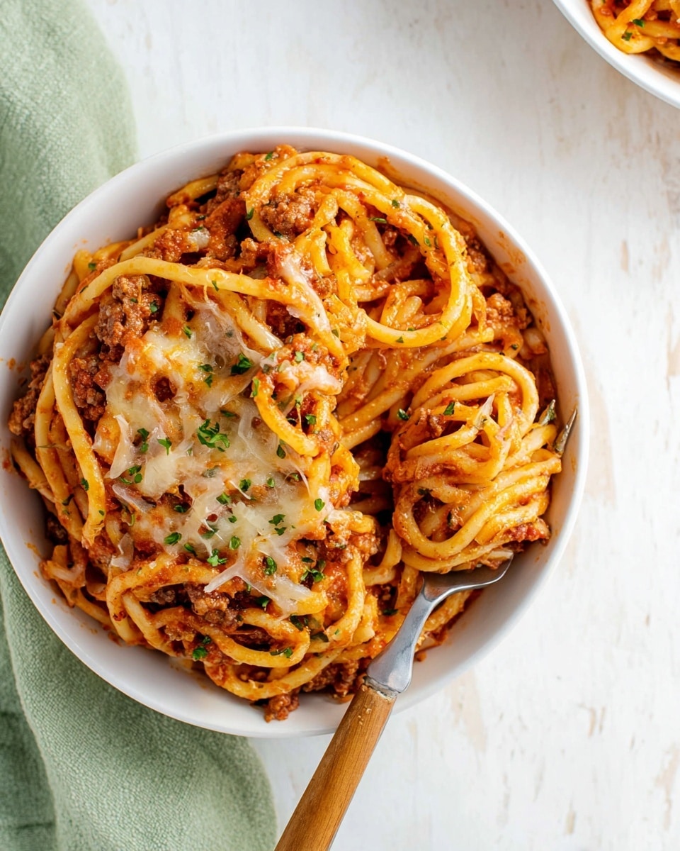 A white bowl filled with a mix of thick, curly spaghetti noodles coated in a rich reddish-orange sauce, layered with browned bits of ground meat and melted patches of light golden cheese on top, scattered with small green herb pieces. A fork with a wooden handle is twisted into the noodles on the right side of the bowl, resting partly inside. The bowl is placed on a white marbled surface with a soft green cloth nearby. photo taken with an iphone --ar 4:5 --v 7