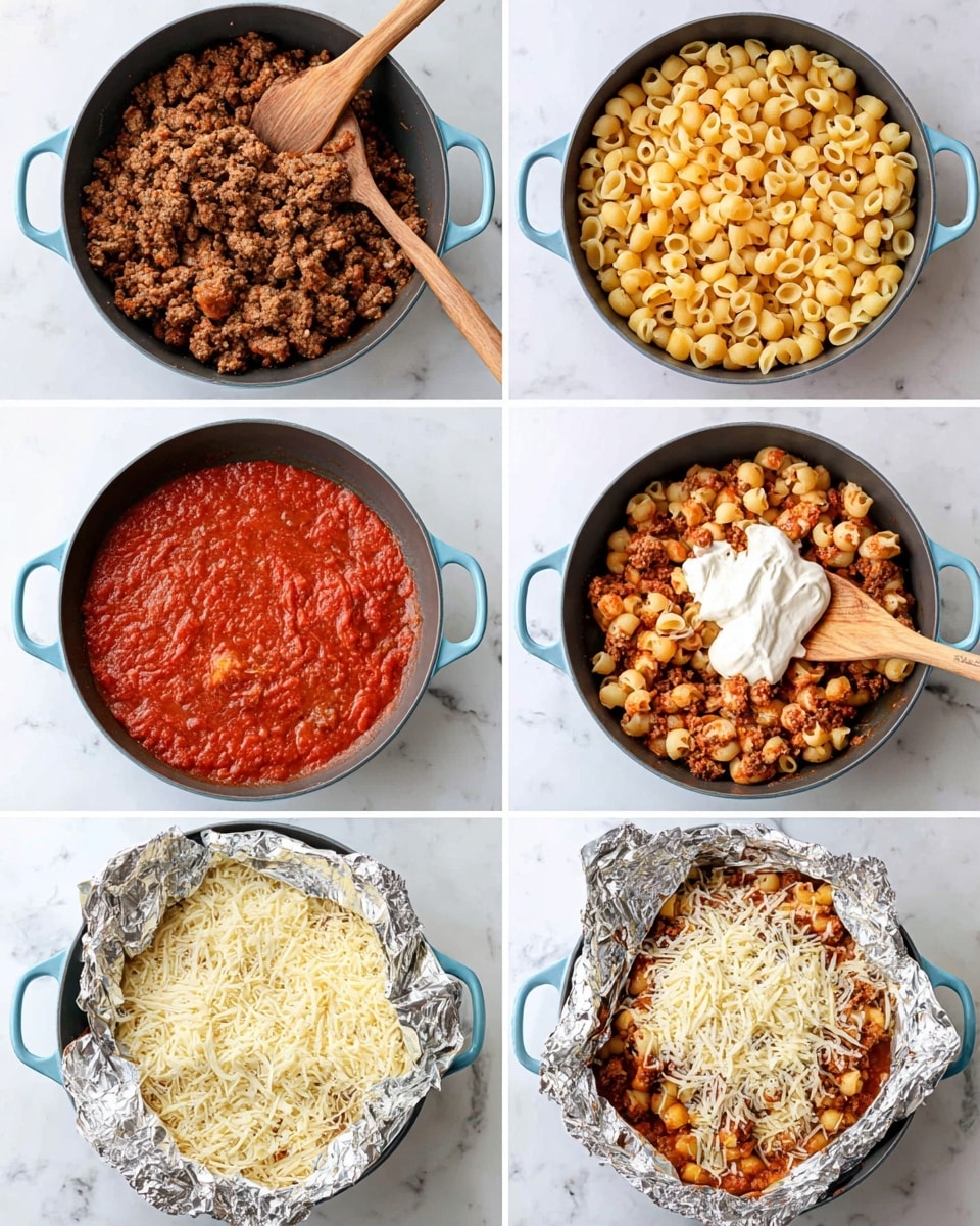 The image shows six steps of making a baked pasta dish in a light blue skillet placed on a white marbled surface. The first step has browned ground meat with some seasoning in the skillet, with a wooden spoon resting inside. The second step adds three parts: a generous layer of red tomato sauce on one side, a layer of small yellow pasta shells on the other, and a mound of white cheese and sour cream on top in the middle. The third step shows the pasta mixed evenly with the sauce and meat, creating a textured red and yellow mixture filling the skillet. The fourth step adds a thick layer of shredded white cheese spread over the cooking pasta. The fifth step covers the skillet tightly with shiny, crinkled aluminum foil. The final step reveals the baked pasta with melted white and golden cheese on top, with the pasta shells visible through the cheese in the skillet. Photo taken with an iphone --ar 4:5 --v 7