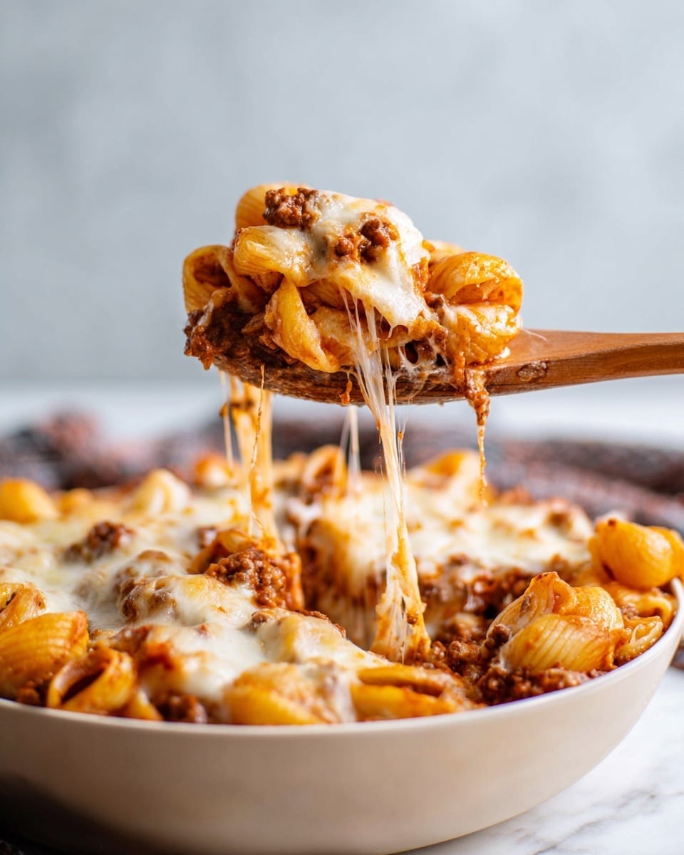 A wooden spoon lifts a large scoop of baked pasta from a white bowl, revealing multiple layers: the top layer is melted white cheese stretching in strings, beneath it is a thick layer of golden pasta shells mixed with browned ground meat and a rich tomato sauce, all sitting on a base of more pasta and sauce blurred in the background; the bowl is set on a white marbled surface with a soft, neutral backdrop, focusing closely on the gooey, cheesy texture and warm colors of the dish photo taken with an iphone --ar 4:5 --v 7