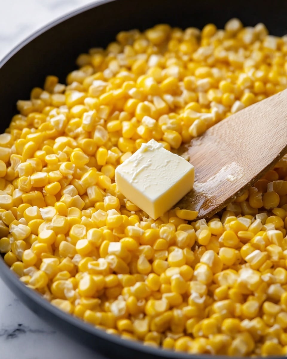 This image shows a close-up of a black pan filled with bright yellow corn kernels as the main layer, with a small white cube of butter placed on top near the center. A light brown wooden spatula is partly visible on the right side, touching the corn gently. The background is a white marbled surface. photo taken with an iphone --ar 4:5 --v 7