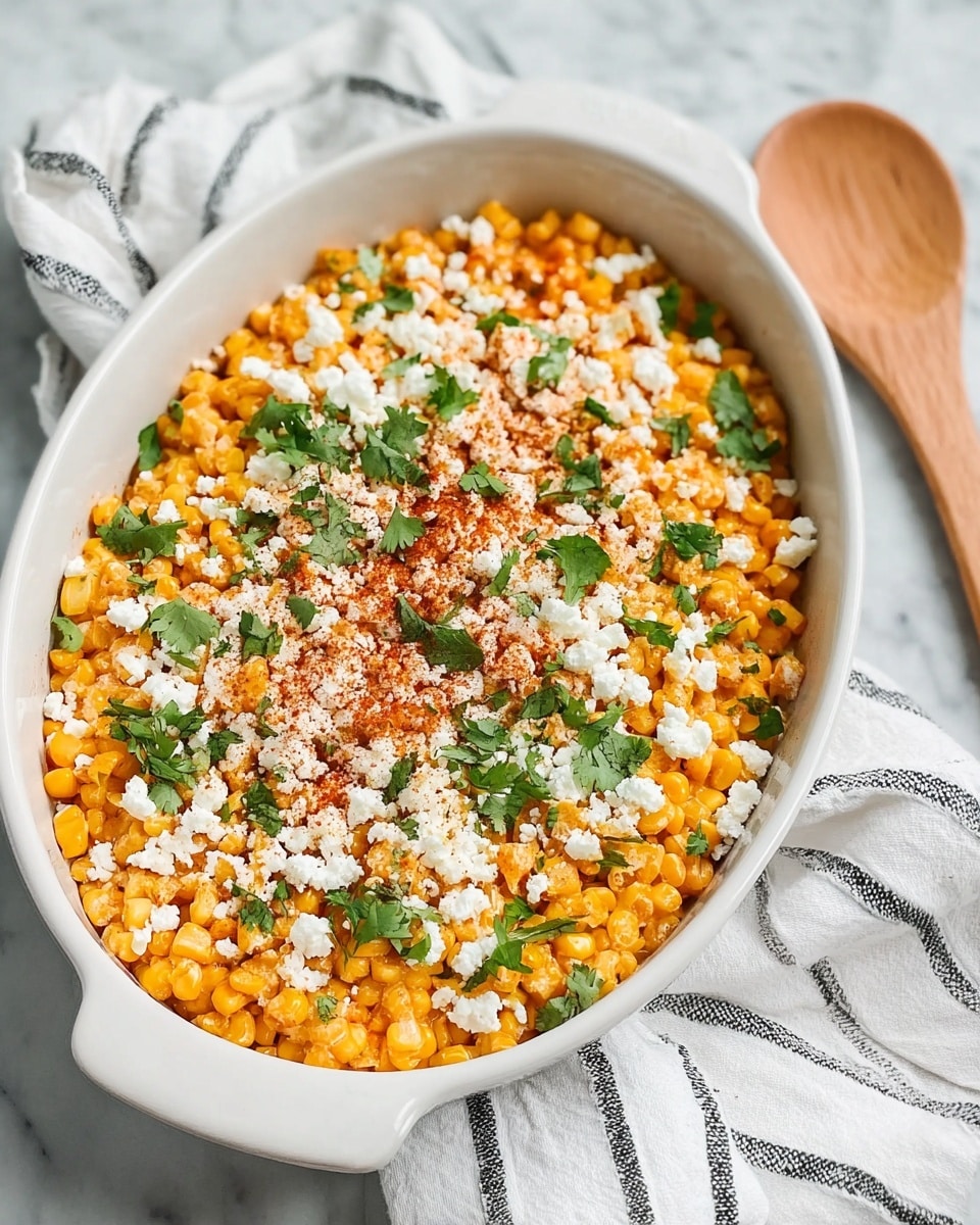 In the white oval dish, there is a single layer of bright orange corn kernels mixed with spices making it look warm and flavorful. On top, there is a layer of white crumbly cheese unevenly spread, creating texture contrast. Scattered green chopped cilantro leaves add freshness and color on the cheese. A light dusting of reddish-brown chili powder is sprinkled in the middle, giving a hint of spice. The dish is placed on a white marbled surface with a white cloth with black stripes partially under the dish, and a wooden spoon is placed on the right side. photo taken with an iphone --ar 4:5 --v 7