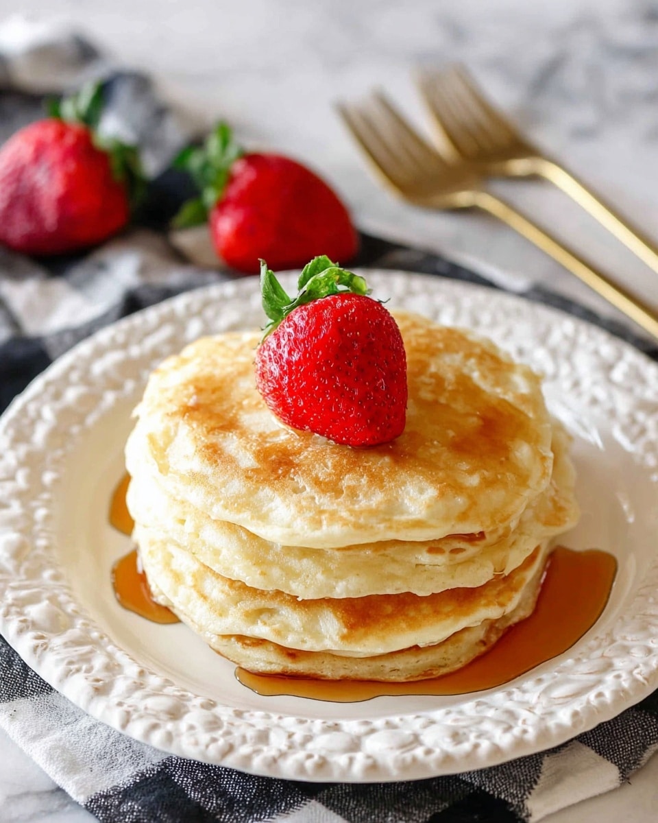 A stack of five light golden pancakes sits in the center of a white plate with a decorative edge. Each pancake is slightly textured and fluffy, with the syrup gently soaked into the top layer and pooling around the bottom layer on the plate. On top of the pancake stack rests a bright red strawberry with fresh green leaves. In the background, there are two more strawberries and a white marbled surface covered partially by a black and white checkered cloth, with two golden forks slightly out of focus. photo taken with an iphone --ar 4:5 --v 7
