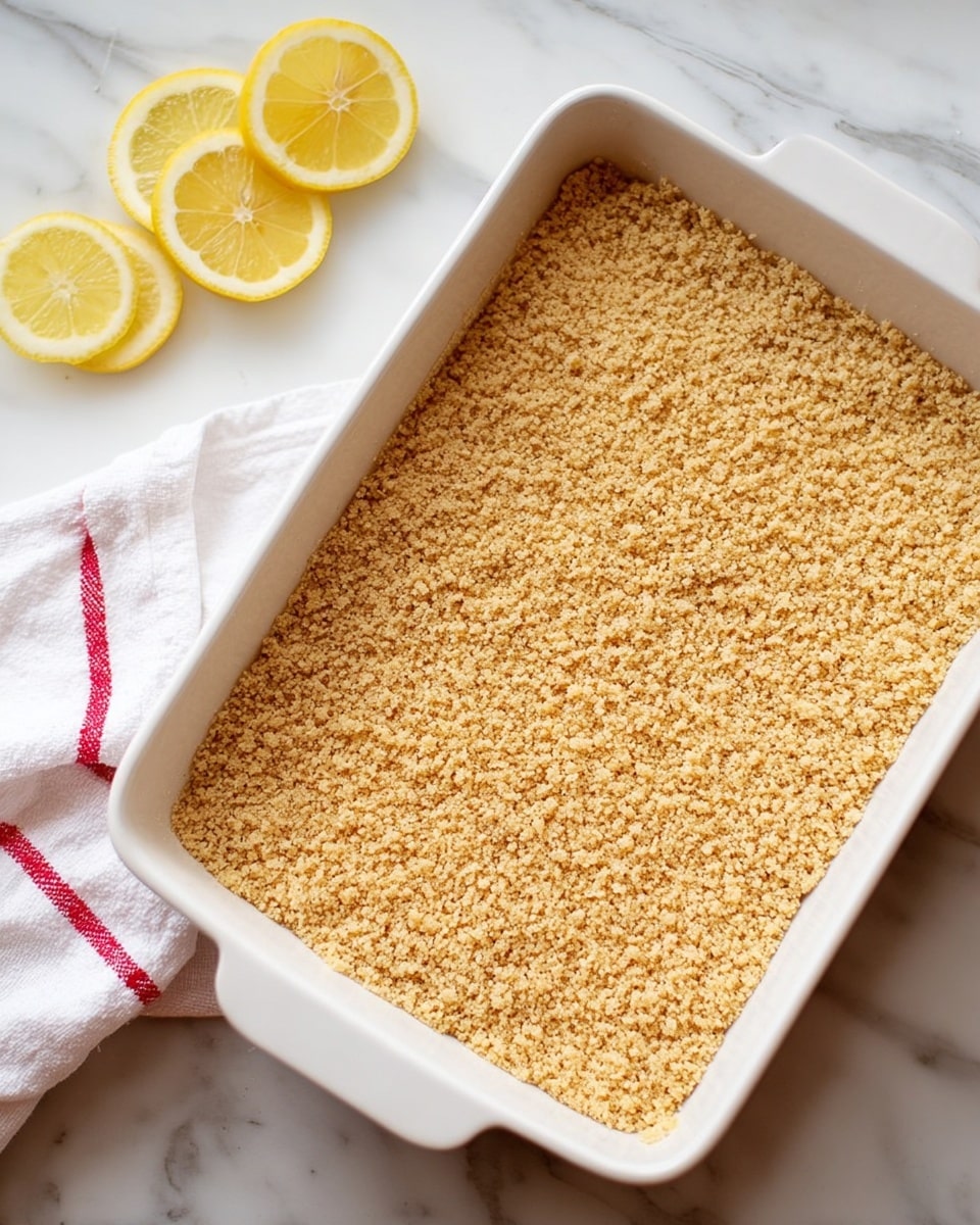 A rectangular white baking dish filled with a single layer of fine, light brown crumb topping that covers the entire surface evenly. Next to the dish, there are three lemon slices placed on a white marbled surface, with a white cloth that has red stripes positioned nearby. The crumb texture looks dry and slightly grainy. Photo taken with an iphone --ar 4:5 --v 7