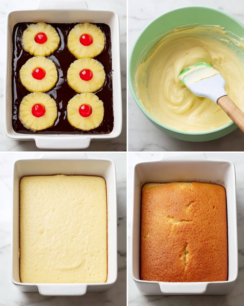 A white rectangular baking dish with a layer of dark brown chocolate sauce on the bottom, topped with two rows of pineapple rings, each pineapple ring light yellow and smooth with a bright red cherry placed in the center. Another image shows a pale green mixing bowl filled with a smooth, creamy pale yellow batter creamy texture, and a white spatula with a green silicone tip resting inside. Another white rectangular baking dish is filled with an even layer of pale yellow cake batter covering the surface, smooth and raw. The final image shows the white baking dish with a freshly baked golden brown cake, slightly darker edges with a soft, even surface. All images on a white marbled background. photo taken with an iphone --ar 4:5 --v 7