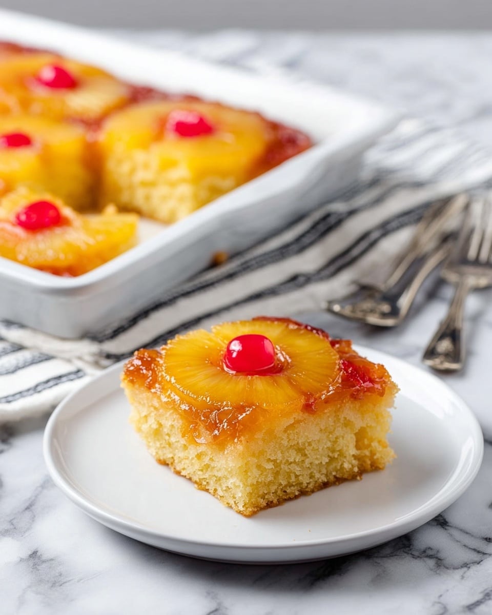 A square piece of pineapple upside-down cake sits on a white plate in the foreground. The cake has two clear layers: a dense, light yellow base and a shiny caramelized top layer with a round yellow pineapple slice and a red maraschino cherry in the center. In the background, a larger white baking dish holds the remaining cake, showing more pineapple slices and cherries on its golden brown surface. The setting is on a white marbled surface with two silver forks next to the plate and a folded white cloth with black stripes near the baking dish. Photo taken with an iphone --ar 4:5 --v 7