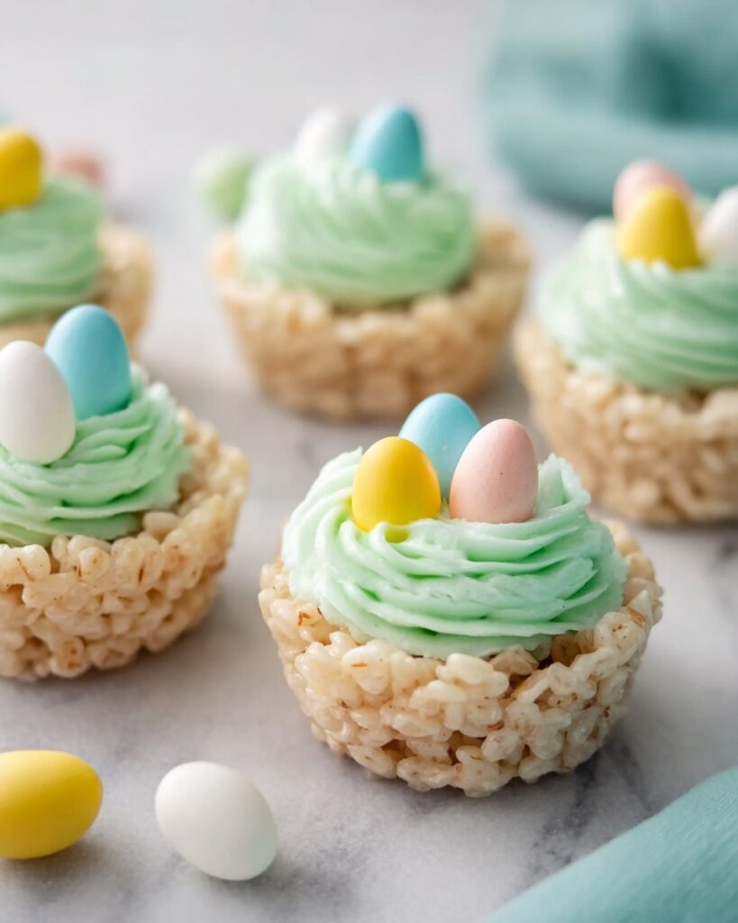 Rice Krispie Treats with Easter Egg Candies and Green Frosting Recipe
