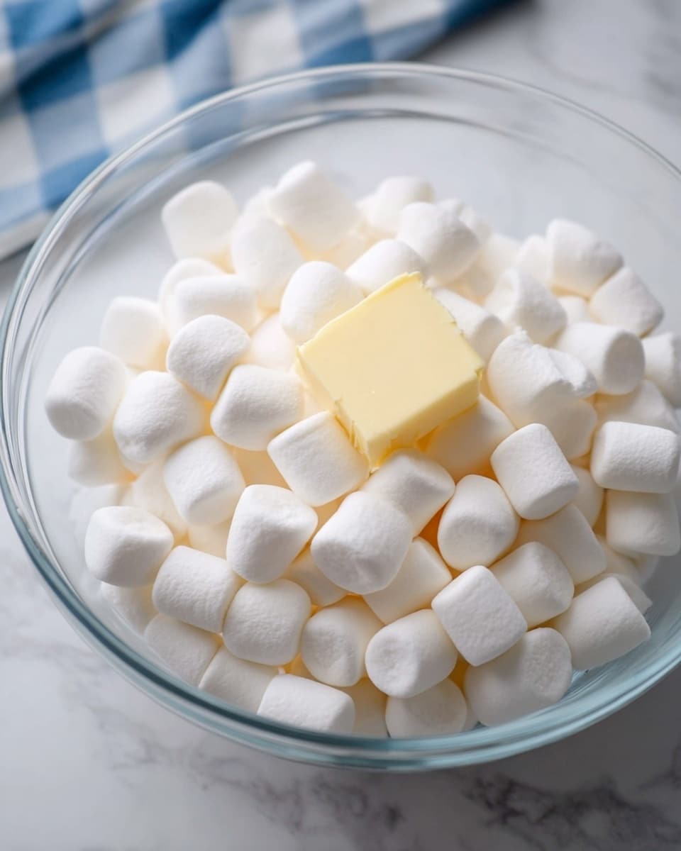 A clear glass bowl filled with many white, soft marshmallows piled together, with a single square of yellow butter resting on top near the center. The bowl sits on a white marbled surface, and a blue and white checkered cloth is partially visible at the top left corner. The marshmallows are cylindrical and have a smooth, fluffy texture. Photo taken with an iphone --ar 4:5 --v 7