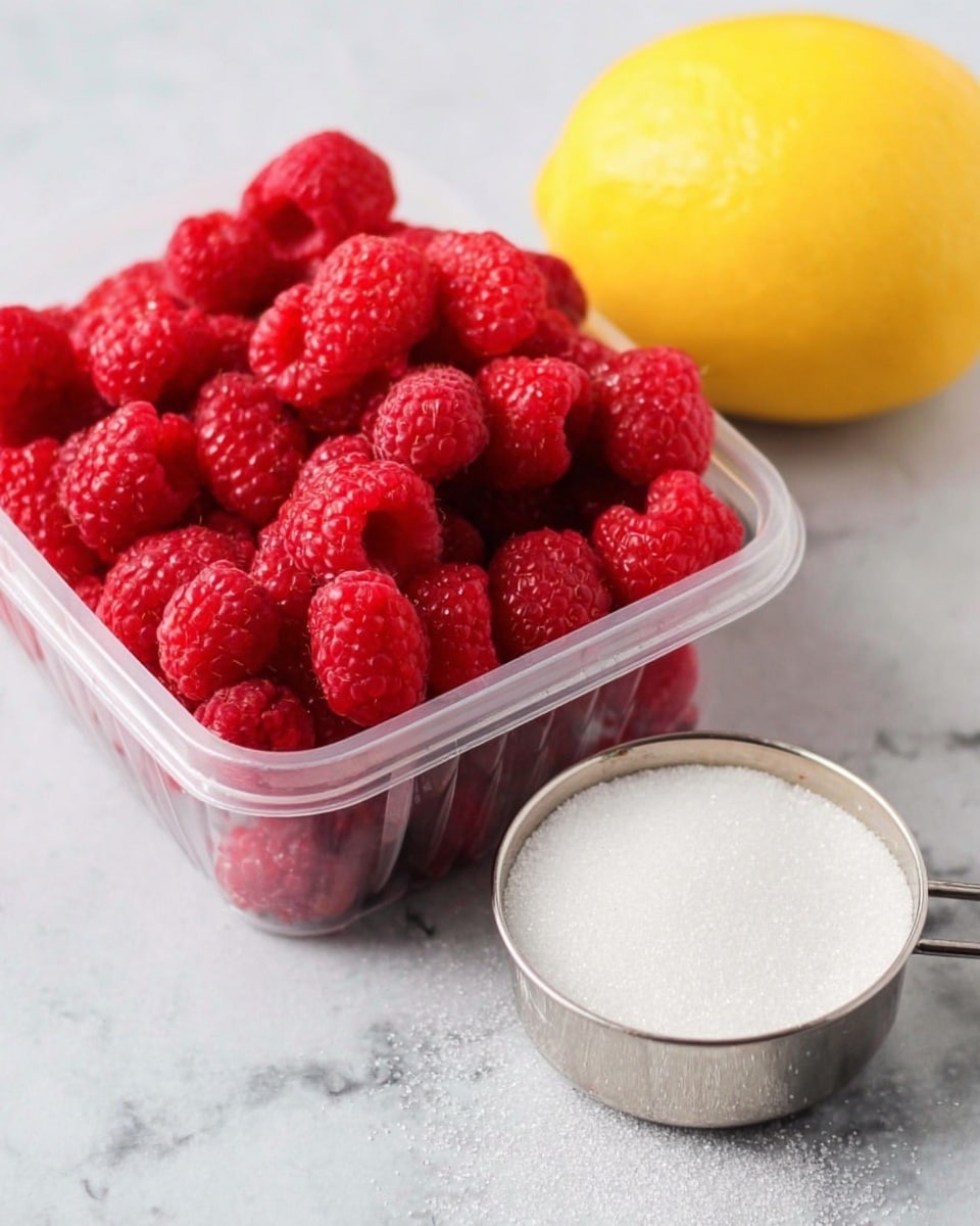 The image shows a clear plastic container filled with bright red raspberries on the left side. Behind it, there is a whole yellow lemon. On the right side, there is a metal cup filled with white granulated sugar. All items rest on a white marbled surface. The colors are vivid, with the smooth bright lemon contrasting against the bumpy texture of the raspberries and the fine grain of the sugar. Photo taken with an iphone --ar 4:5 --v 7