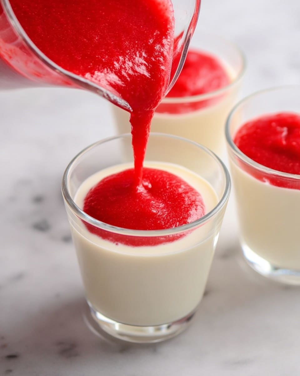 The image shows three clear glass cups placed on a white marbled surface, each filled with a smooth creamy white base layer. A bright red, thick sauce is being poured from a clear glass pitcher into the center of the closest cup, creating a vibrant contrast on the white base. The red sauce has a slightly textured surface, and the scene focuses closely on the pouring action, highlighting the flow and the fresh, colorful look of the sauce against the creamy white layer. photo taken with an iphone --ar 4:5 --v 7