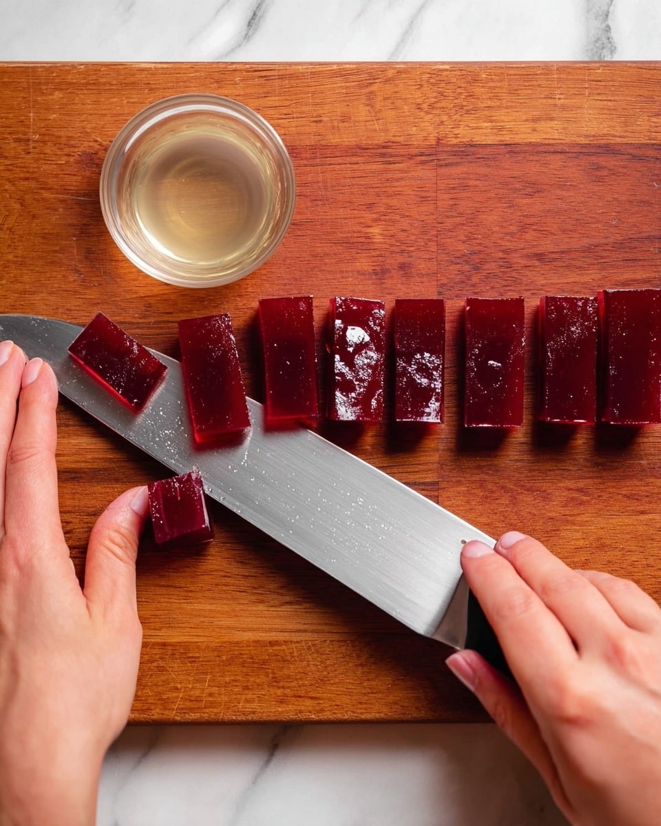The image shows a wooden cutting board with several dark red rectangular jelly-like pieces arranged on it. There is a woman's hand touching the side of a large silver knife blade, which is held by another woman's hand, positioned horizontally with the sharp edge facing down. A clear measuring cup filled with a light liquid sits on the board near the cut pieces. The cutting board background is replaced with a white marbled texture. photo taken with an iphone --ar 4:5 --v 7