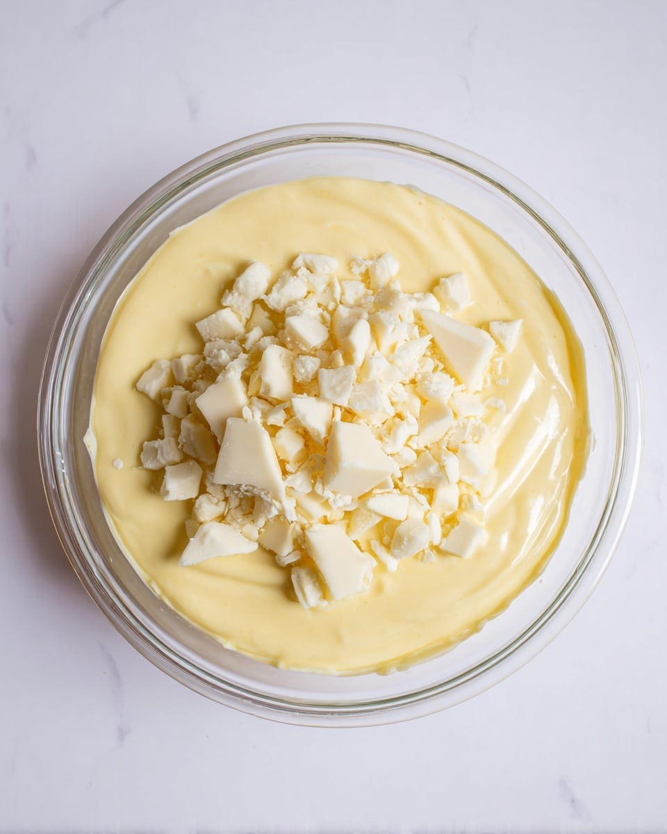 A clear glass bowl sits on a white marbled surface, filled with a thick, creamy pale yellow custard base, smooth and slightly shiny with soft curves along the edges. On top of the custard, there is a generous pile of small, unevenly chopped white chocolate pieces that add a rough, textured contrast to the smooth custard below. The mixture is simple, layered with just two main textures and colors: the silky yellow custard forming the bottom layer and the scattered white chocolate chunks on top. photo taken with an iphone --ar 4:5 --v 7