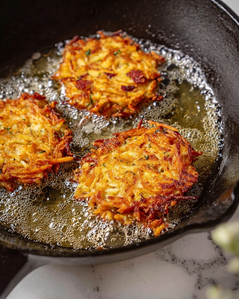 Three golden-brown crispy patties with visible thin strands of orange shredded vegetables and small pieces of reddish bits are frying in hot oil inside a black cast iron pan. The patties have a rough texture with some parts curled up, showing a mix of crunchy and softer layers. The pan shows bubbles of frying oil around the edges of the patties, adding a shiny wet effect to the surface they rest on. The background features a white marbled texture under the pan. photo taken with an iphone --ar 4:5 --v 7