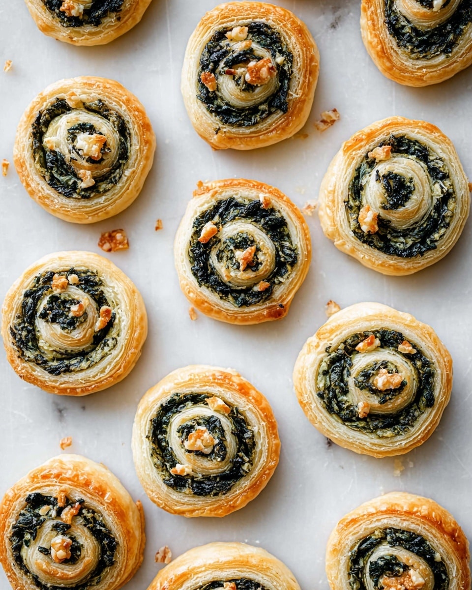 The image shows multiple small puff pastry spirals arranged neatly on a white marbled surface. Each spiral has three visible layers: a golden-brown, flaky outer crust forming a round base, a middle layer of creamy pale dough, and a dark green spinach filling swirled inside. Small pieces of golden, toasted nuts or cheese are scattered on top of the spinach layer, adding texture. The pastries are evenly spaced, and some have slight cracks on the edges displaying the delicate flakiness of the dough. photo taken with an iphone --ar 4:5 --v 7