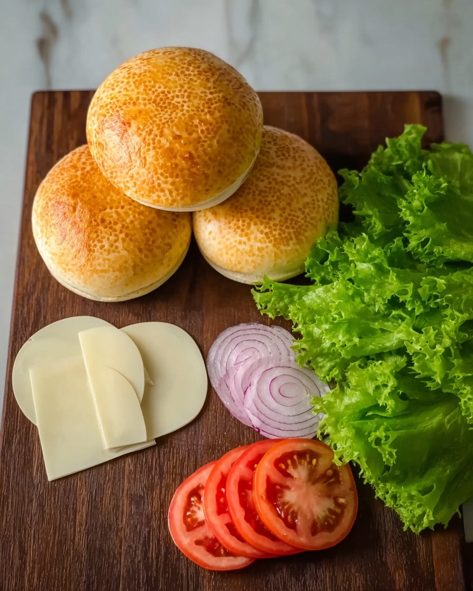 The image shows four round bread rolls with a golden, textured top stacked together on a dark wooden surface. To the right, there are several fresh, bright green lettuce leaves arranged neatly. Below the lettuce, there are a few slices of red tomatoes placed in a curved stack, next to a small pile of light purple onion rings. Above the vegetables, there are three round, white cheese slices stacked slightly in an overlapping way. The entire scene is laid out on a white marbled surface. photo taken with an iphone --ar 4:5 --v 7