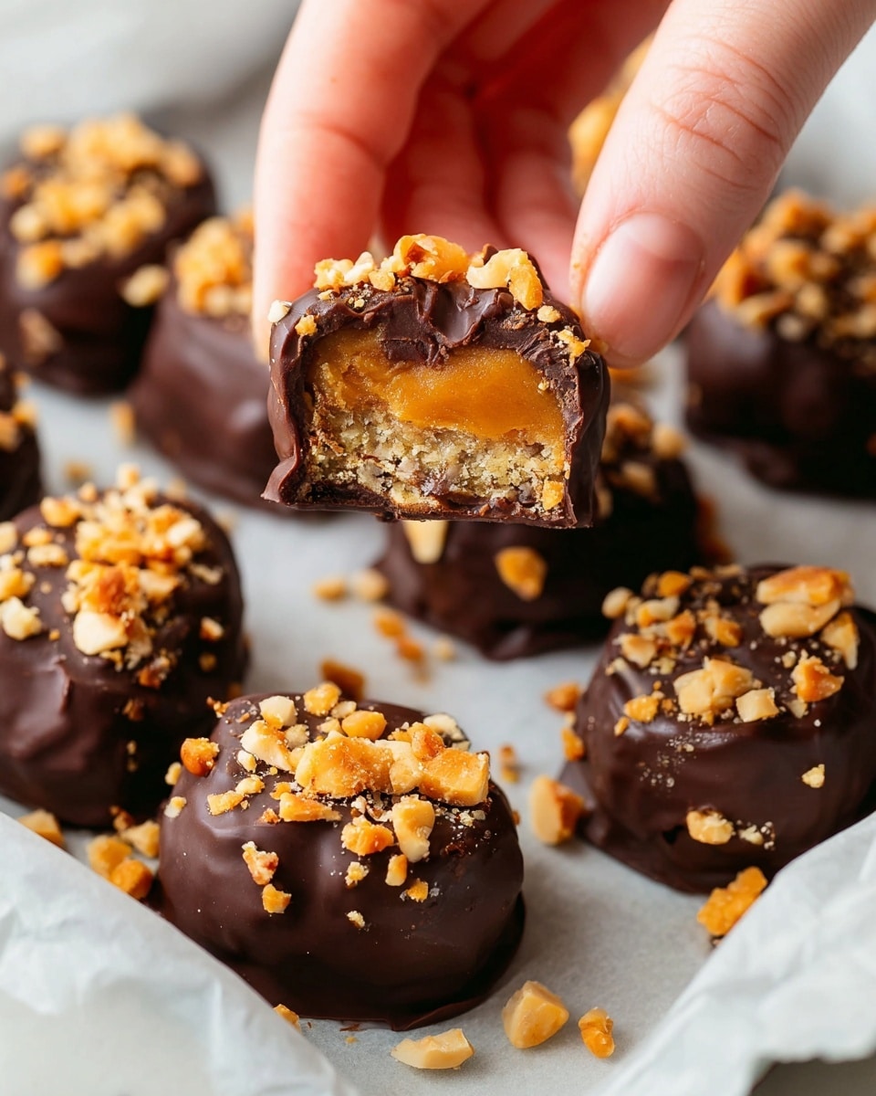 A close-up view of several small chocolate-covered treats resting on white parchment paper over a white marbled surface, each treat topped with evenly scattered crushed light orange nuts. One piece is held by a woman's hand, showing its inside layers: a glossy dark brown chocolate outer layer, a middle golden caramel layer with a soft texture, and a lighter orange inside, possibly a nut or fruit center. The arrangement shows layers of rough nut pieces on smooth chocolate, creating a contrast in texture and color. photo taken with an iphone --ar 4:5 --v 7