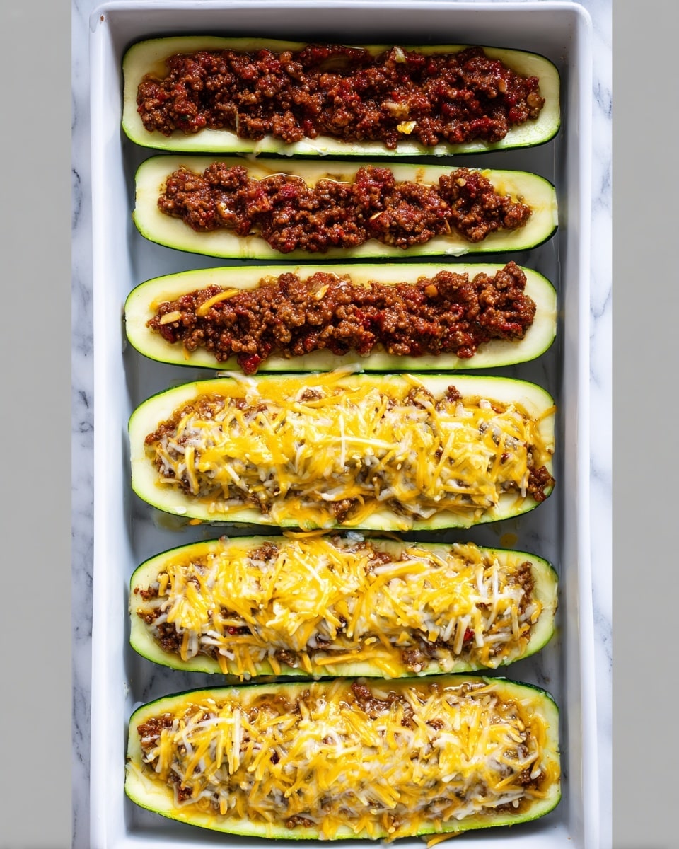 The image shows a white rectangular baking dish on a white marbled surface, arranged with six green zucchini halves, each hollowed out. The first layer features the plain zucchini halves laid flat side up in a row. The second layer adds a chunky, dark brown cooked meat mixture spooned evenly into each zucchini hollow. The third layer consists of a generous covering of shredded yellow cheese spread over the meat mixture in all zucchini boats. The fourth and final layer displays the zucchini baked with melted, golden browned cheese melted smoothly over the filling, creating a rich and hearty look, with some browned browned bits of meat peeking through. Photo taken with an iphone --ar 4:5 --v 7