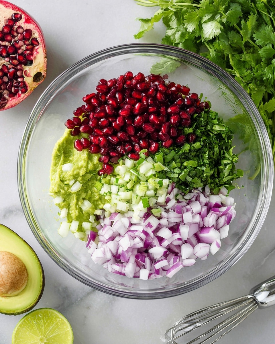A clear glass bowl holds a colorful mix of fresh ingredients in five sections on top of a smooth green base. The top left section is filled with bright red shiny pomegranate seeds. Next to it on the right is a pile of finely chopped light green jalapeño. Beside the jalapeño are fresh green cilantro leaves. Below the cilantro and jalapeño is a small heap of finely chopped white and light green garlic. The bottom half of the bowl is full of diced purple and white red onion pieces. The bowl sits on a white marbled surface with a bright green avocado half, a squeezed lime half, a silver masher with traces of green, and a bunch of leafy cilantro nearby. photo taken with an iphone --ar 4:5 --v 7