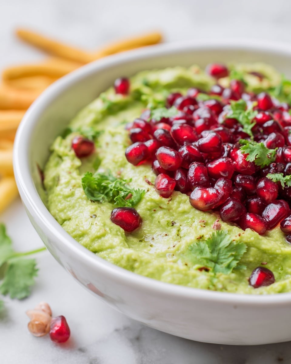 A close-up of a white bowl filled with bright green guacamole, which is creamy and smooth with small chunks for texture. On top of the guacamole, there is a thick layer of shiny, deep red pomegranate seeds spread across the center. Small green cilantro leaves are scattered lightly among the seeds and guacamole. The bowl sits on a white marbled surface with some yellow and orange snack sticks in the bottom left corner and a single pomegranate seed nearby. The photo taken with an iphone --ar 4:5 --v 7