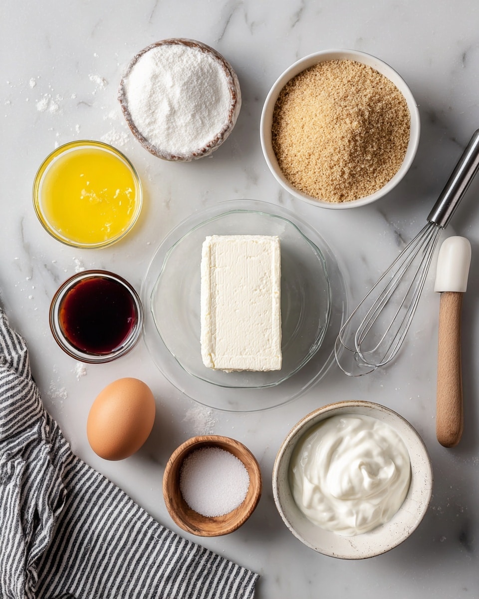The image shows several ingredients arranged neatly on a white marbled surface. In the center is a rectangular block of white cream cheese on a small clear plate. Surrounding it are a bowl of white sugar, a bowl of light brown breadcrumbs, a whole brown egg in a white bowl, a glass container with melted yellow butter, a small glass container with dark vanilla extract, a wooden bowl with a small pile of white salt, and a bowl with thick white sour cream. A white spatula with a wooden handle lies at the top right, and a metal whisk is at the bottom left near a black and white striped cloth. The photo has natural light and soft shadows, photo taken with an iphone --ar 4:5 --v 7