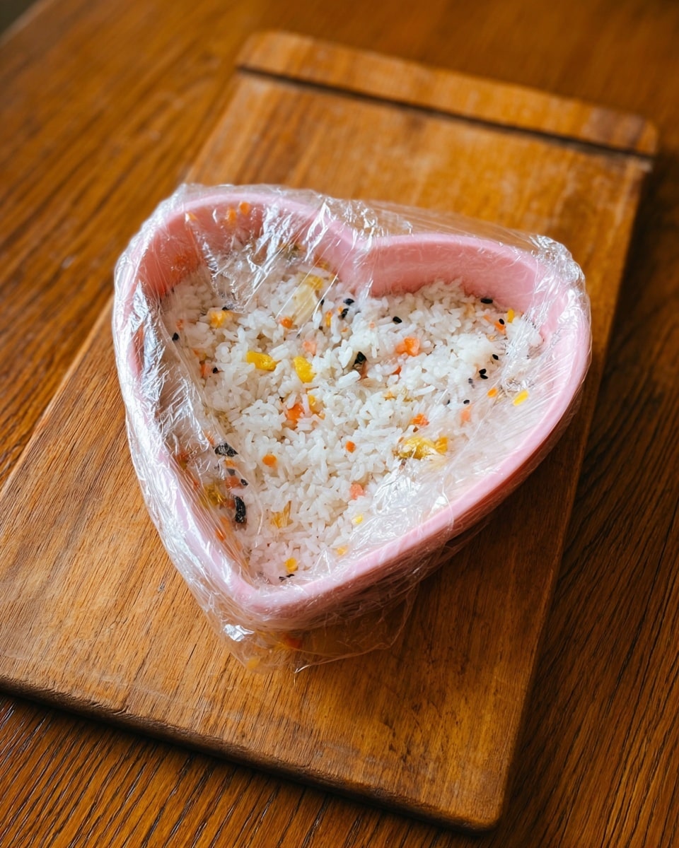 A pink heart-shaped container filled with white rice mixed with small bits of yellow, black, and orange seasoning, lined with clear plastic wrap that is loosely covering the edges and resting on a wooden board. The rice has a soft, slightly sticky texture with scattered colorful specks throughout, and the plastic wrap is crinkled and shiny, creating reflections on its surface. The wooden board underneath has a rich, warm brown color with visible grain patterns. photo taken with an iphone --ar 4:5 --v 7