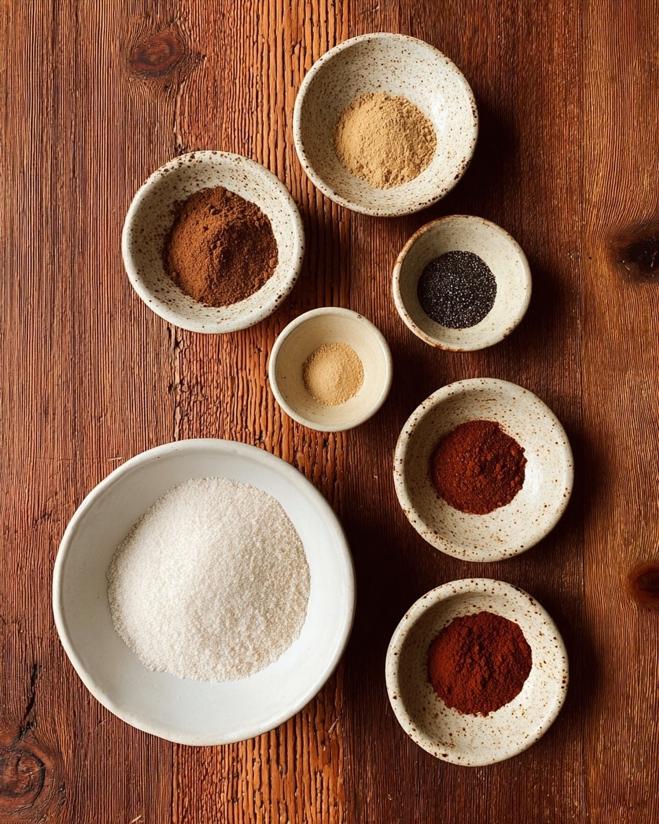 The image shows seven small bowls placed on a wooden surface, each filled with different powders and granules. The largest white bowl at the bottom left holds a fine, white granulated substance that looks like sugar or salt. Around it are six smaller white ceramic bowls with speckled patterns, and two small plain beige bowls. The top small bowl has a light brown powder, the one just below it contains a dark brown fine powder. Another white speckled bowl holds a coarse black peppery powder, while a nearby one shows a cinnamon-like reddish-brown powder. One more speckled bowl contains a slightly coarser dark brown powder, and the last beige bowl has a deep reddish-brown powder. The wooden surface is rich in texture with visible grain and knots, creating a warm, rustic feel. photo taken with an iphone --ar 4:5 --v 7