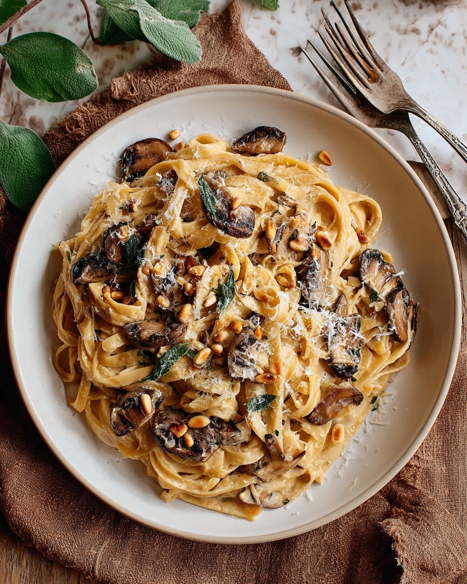 A white plate filled with creamy pasta made of light golden fettuccine noodles mixed with thin slices of dark brown mushrooms scattered throughout. The pasta is coated with a smooth, creamy sauce, topped with small toasted pine nuts and sprinkled with fine white grated cheese. The plate sits on a white marbled surface with two vintage silver forks to the upper right and some green leaves to the upper left. There is a small bowl holding more pine nuts near the bottom right edge of the frame. Photo taken with an iphone --ar 4:5 --v 7