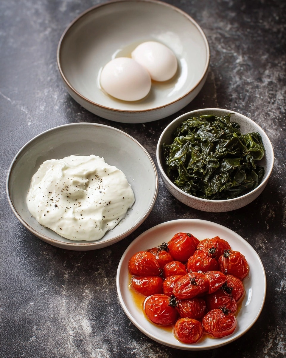 The image shows four bowls on a dark textured surface, changed to a white marbled texture for the prompt. The largest bowl at the top contains two poached eggs with smooth white whites and round, pale yolks, sitting side by side. Below it and slightly to the right, a small white bowl holds dark green cooked greens with a glossy, oily texture. To the left is a medium-sized white bowl filled with thick, creamy white sauce that has some small black pepper dots mixed in. At the bottom right, a shallow white plate holds a pile of roasted cherry tomatoes, vibrant red with soft, wrinkled skins and a bit of juices pooled around them. The bowls and plate are arranged roughly in a cluster. Photo taken with an iphone --ar 4:5 --v 7