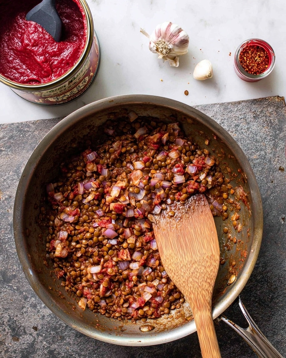 A top view of a metal pan filled with cooked lentils mixed with small pieces of soft red onions and tomatoes, all showing a mix of brown, purple, and red colors with a slightly oily texture. A wooden spoon with natural brown grain rests inside the pan on the right side. Nearby, on a white marbled surface, there is an open can of thick red tomato paste with a dark spatula inside it, a small red spice container, and some garlic cloves, enhancing the cooking scene. photo taken with an iphone --ar 4:5 --v 7