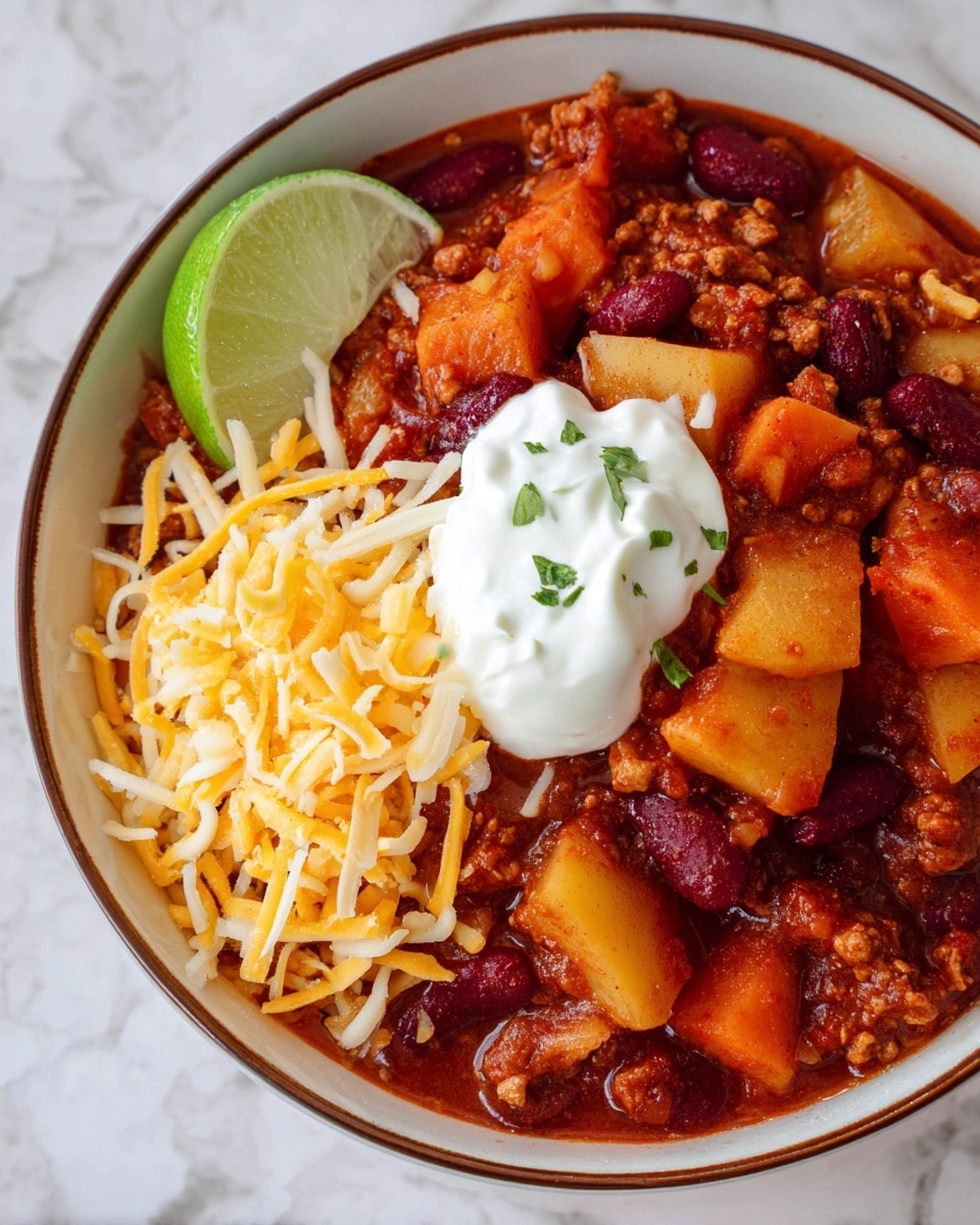 The image shows a bowl filled with thick chili containing chunks of orange carrots, light brown potatoes, dark red kidney beans, and bits of browned textured protein in a rich red sauce. On the bottom left side of the bowl, there is a dollop of smooth white sour cream partially resting on a pile of shredded orange cheddar cheese. A wedge of fresh green lime sits near the edge of the bowl on the top left. The bowl is white with a brown rim and sits on a white marbled surface. Photo taken with an iphone --ar 4:5 --v 7