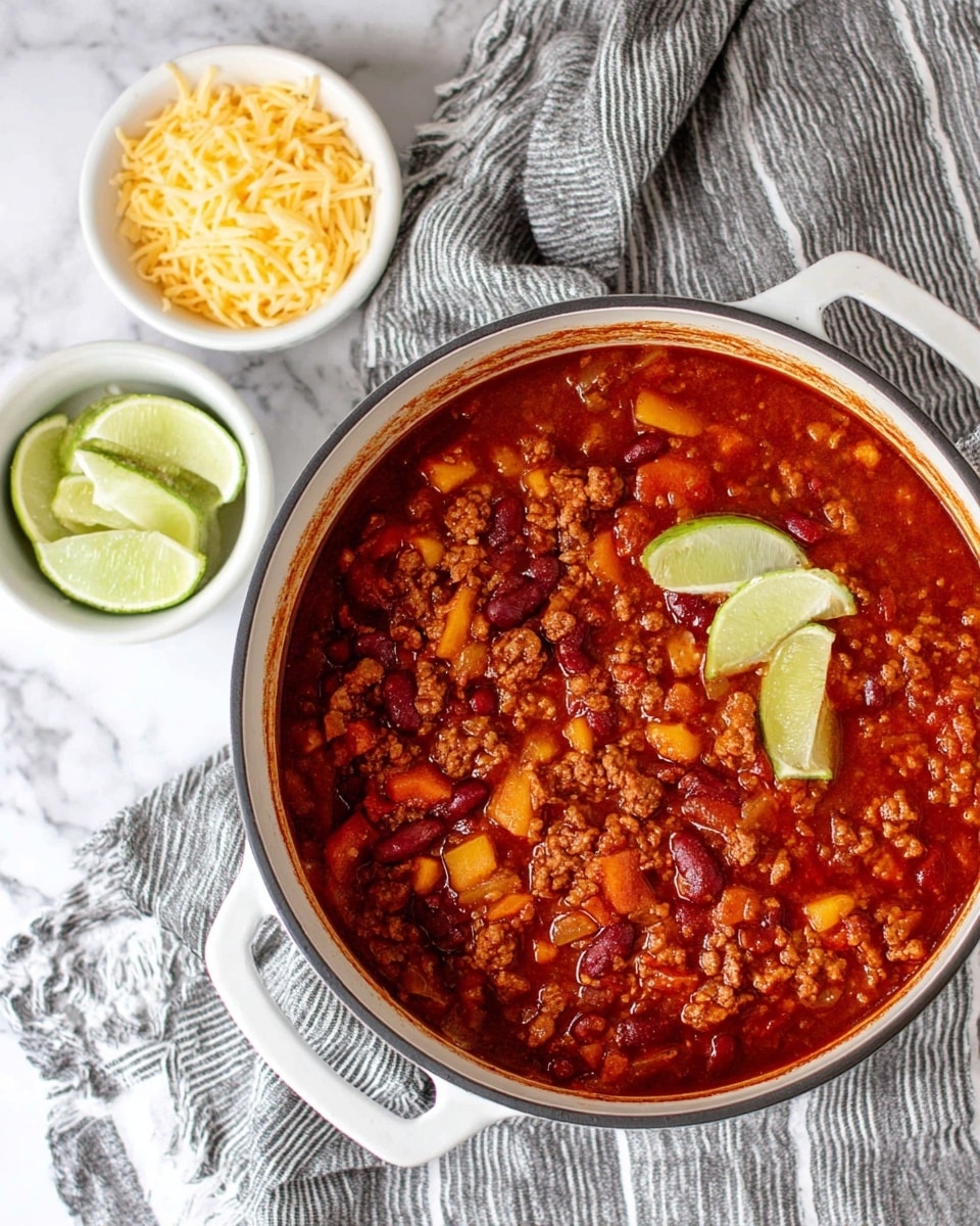 A white pot filled with a thick red chili stew that has visible chunks of ground meat, kidney beans, diced orange and red vegetables, and a rich tomato sauce; two lime wedges rest on top of the chili on the right side. To the left of the pot, there is a small white bowl with shredded yellow cheese and another small white bowl with four green lime wedges. The pot and bowls are placed on a striped towel over a white marbled surface. photo taken with an iphone --ar 4:5 --v 7