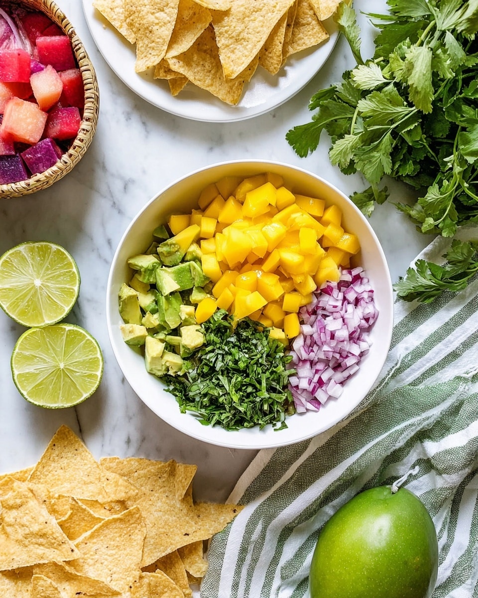 The image shows a white bowl with four sections of ingredients placed separately inside it: diced yellow mango at the bottom right, finely chopped purple onion at the top right, small green avocado cubes at the top left, and chopped green herbs at the bottom left. The bowl sits on a green and white striped cloth on a white marbled surface. Around the bowl, there is a green whole mango and a half-cut mango with bright yellow flesh, two lime halves, and a white plate filled with triangular beige chips. In the top part of the image, there is a bowl of red and pink mixed fruit and some green leafy plants on the white marbled surface. Photo taken with an iphone --ar 4:5 --v 7