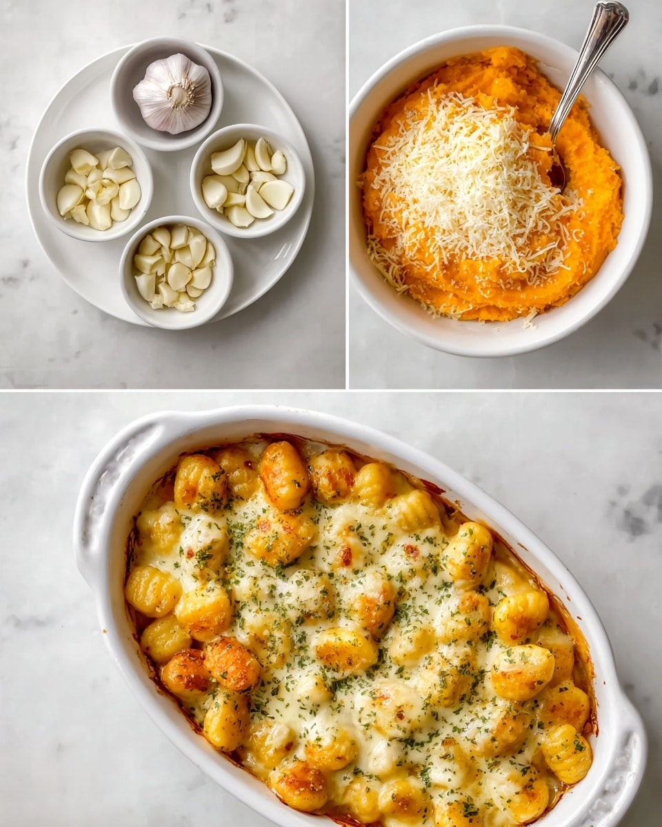 A close-up of a white rectangular baking dish filled with golden brown baked gnocchi balls, each topped with melted cheese that stretches in long strings as two gnocchi balls are lifted together by a fork held by a woman's hand. The gnocchi are covered with browned bits on top and scattered with fresh green sage leaves. The edges of the dish show a crisp, slightly browned texture. Steam rises from the hot dish, with a white marbled surface as the background. photo taken with an iphone --ar 4:5 --v 7