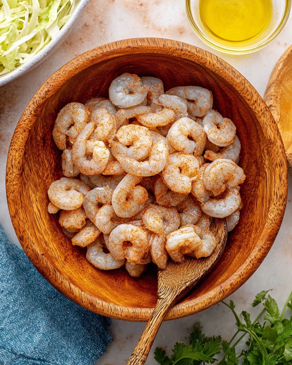 A wooden bowl filled with a single layer of raw shrimp that are grey-white with a dusting of reddish seasoning all over. The shrimp are curled and shine slightly, showing a fresh and moist texture. A wooden spoon with a carved handle is in the bowl, scooping a small bunch of shrimp from the bottom right side. The bowl sits on a white marbled surface with parts of a white bowl of shredded cabbage, a glass cup with yellow oil, a bunch of fresh green herbs, and the edge of a blue cloth visible around it. Photo taken with an iphone --ar 4:5 --v 7