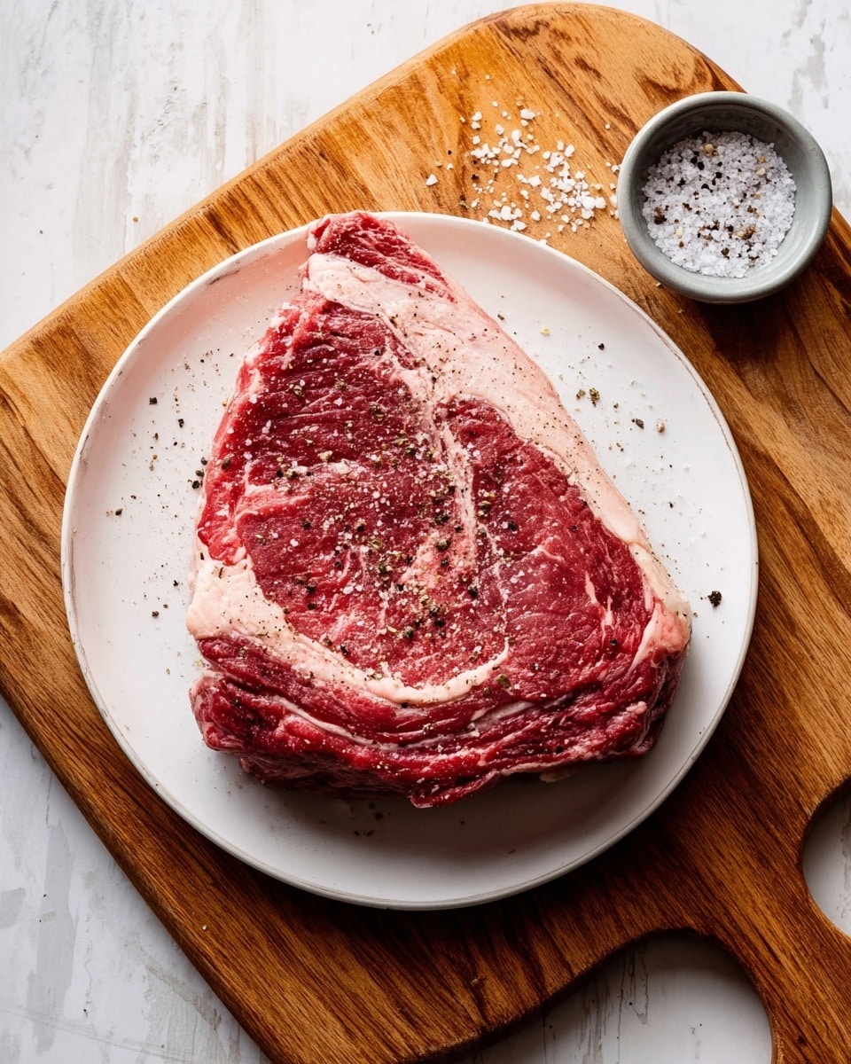 A thick, raw piece of red beef with white fat marbling is placed in the center of a white round plate. The beef is sprinkled with black pepper and some coarse salt. The plate is resting on a wooden cutting board with a handle on the left side. To the right of the plate, on the cutting board, there is a small gray bowl filled with coarse salt and black pepper. The setting is on a white marbled surface. The lighting highlights the texture of the meat and the grain of the wood. photo taken with an iphone --ar 4:5 --v 7