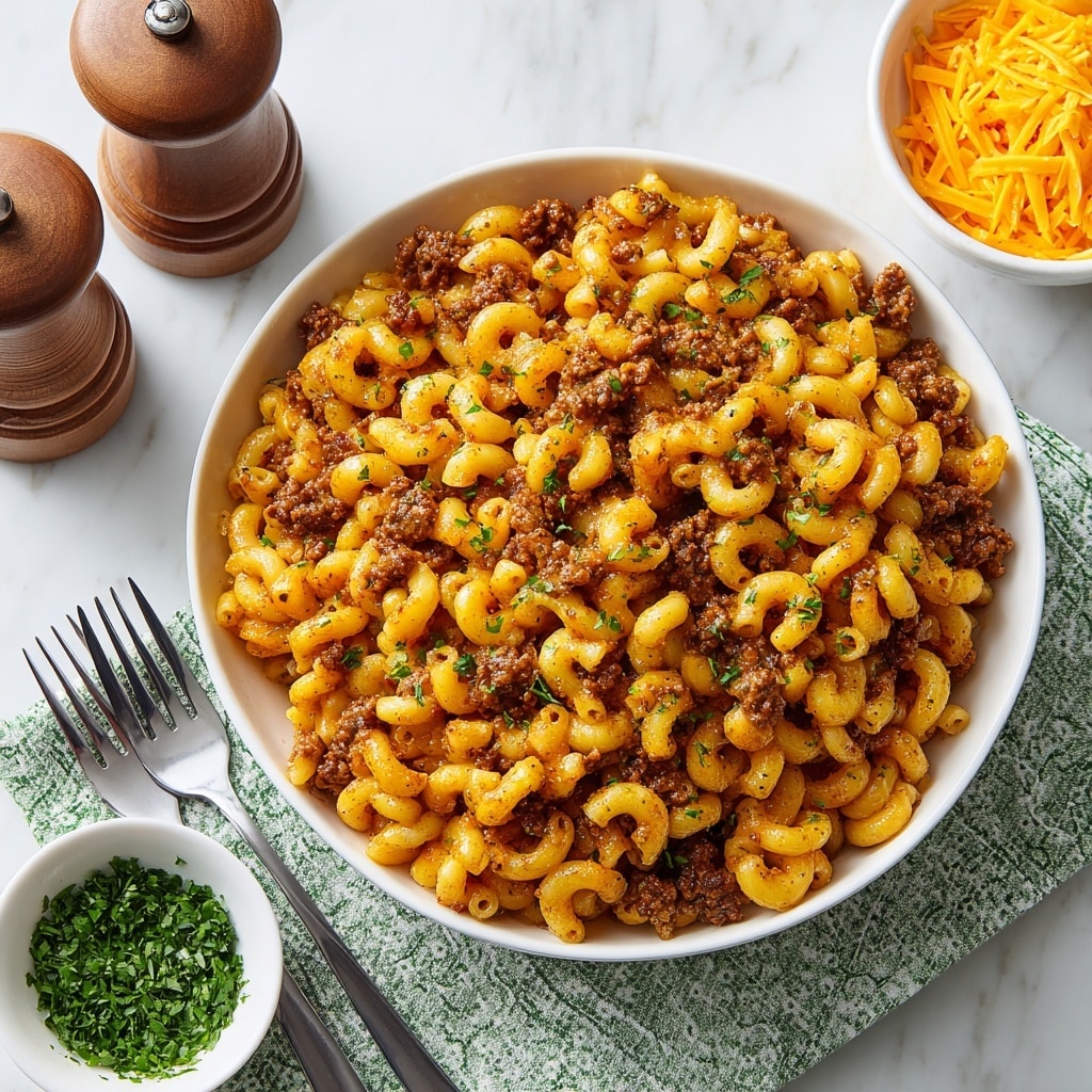 Two white bowls filled with macaroni mixed with brown ground meat and a sauce that gives a slightly shiny orange-brown color, sprinkled with small green herb pieces on top. The bowls sit on a white marbled surface, with one bowl placed on a green and white patterned cloth napkin. Near the bowls, there are two silver forks, a small white bowl with bright orange shredded cheese, and another small white bowl with finely chopped green herbs. Two wooden salt and pepper grinders are also visible in the background. Photo taken with an iphone --ar 4:5 --v 7