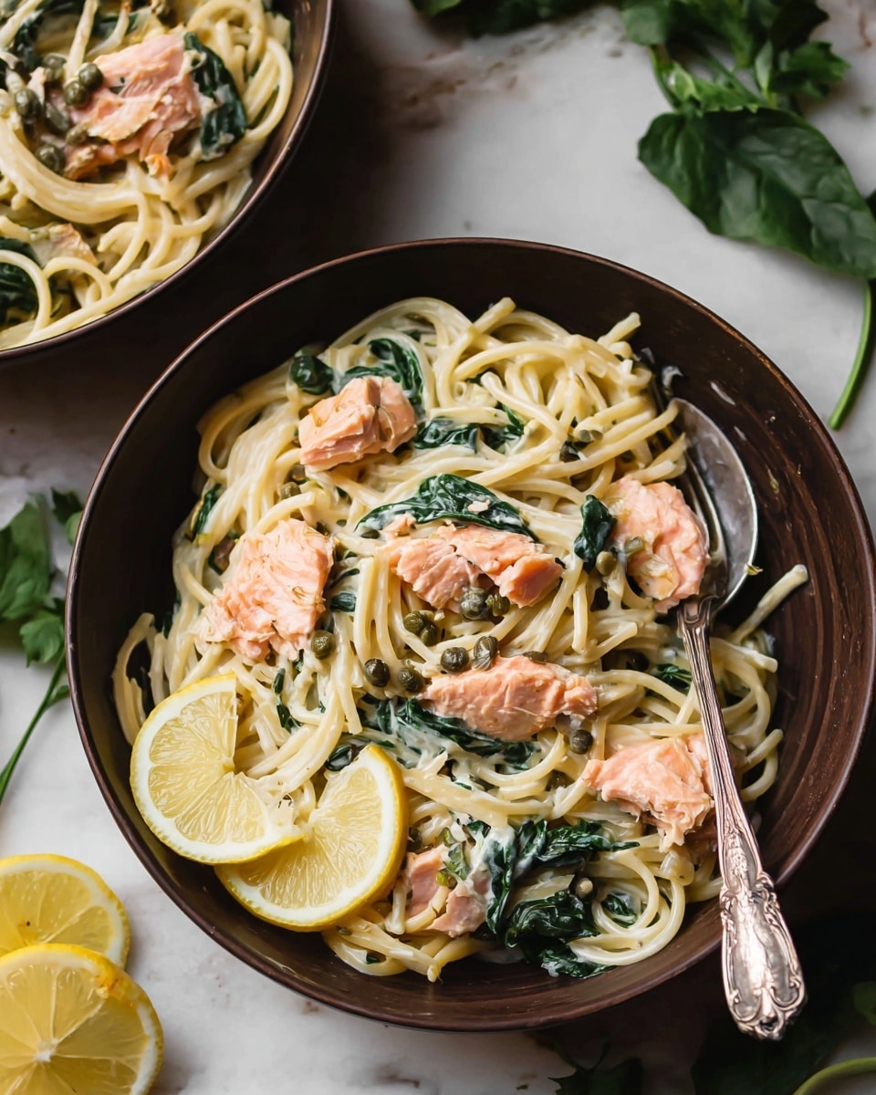 A white bowl holds a creamy pasta dish with three main layers: a base of long spaghetti noodles coated in a light cream sauce, medium green spinach leaves scattered throughout, and pink chunks of cooked salmon sitting on top. Two thin lemon slices are placed on the edge of the bowl for garnish. Small dark capers are mixed within the noodles, adding texture. A vintage silver fork rests inside the bowl on the right side. The bowls sit on a white marbled surface, with some green leaves and lemon wedges around them for decoration. Photo taken with an iphone --ar 4:5 --v 7